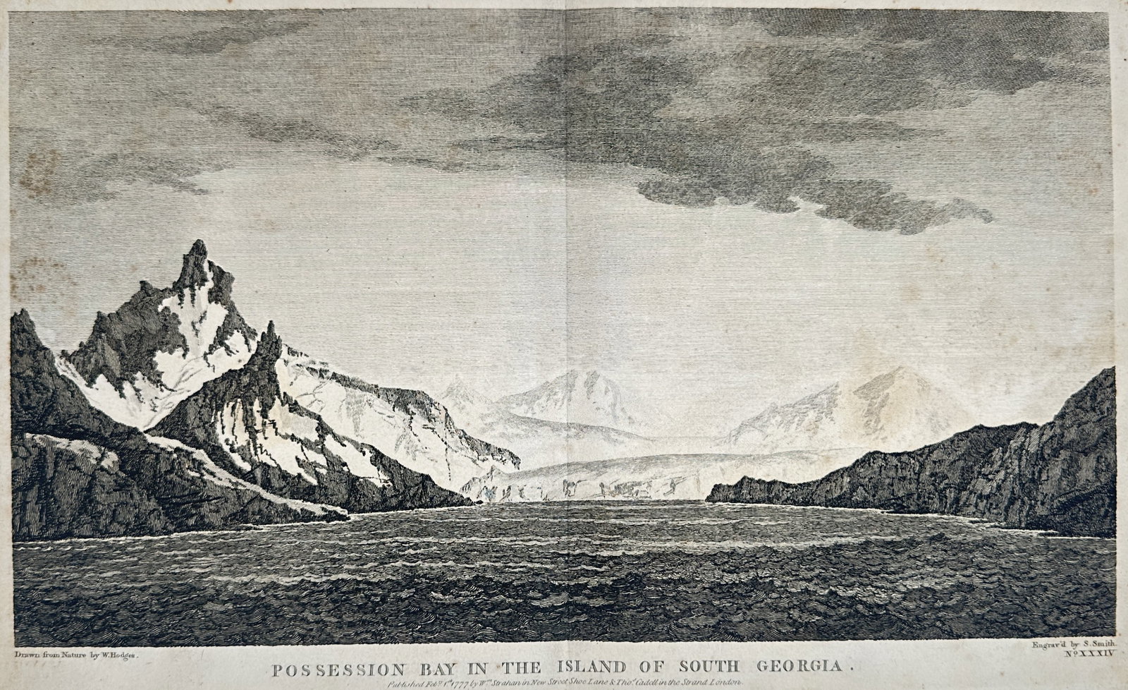 William Hodges – Possession Bay in the Island of South Georgia – Engraving (1777): "Possession Bay in the Island of South Georgia" This maritime landscape captures a wide panoramic view of a sub-Antarctic bay surrounded by steep, snow-covered mountain peaks and vast glacial formatio