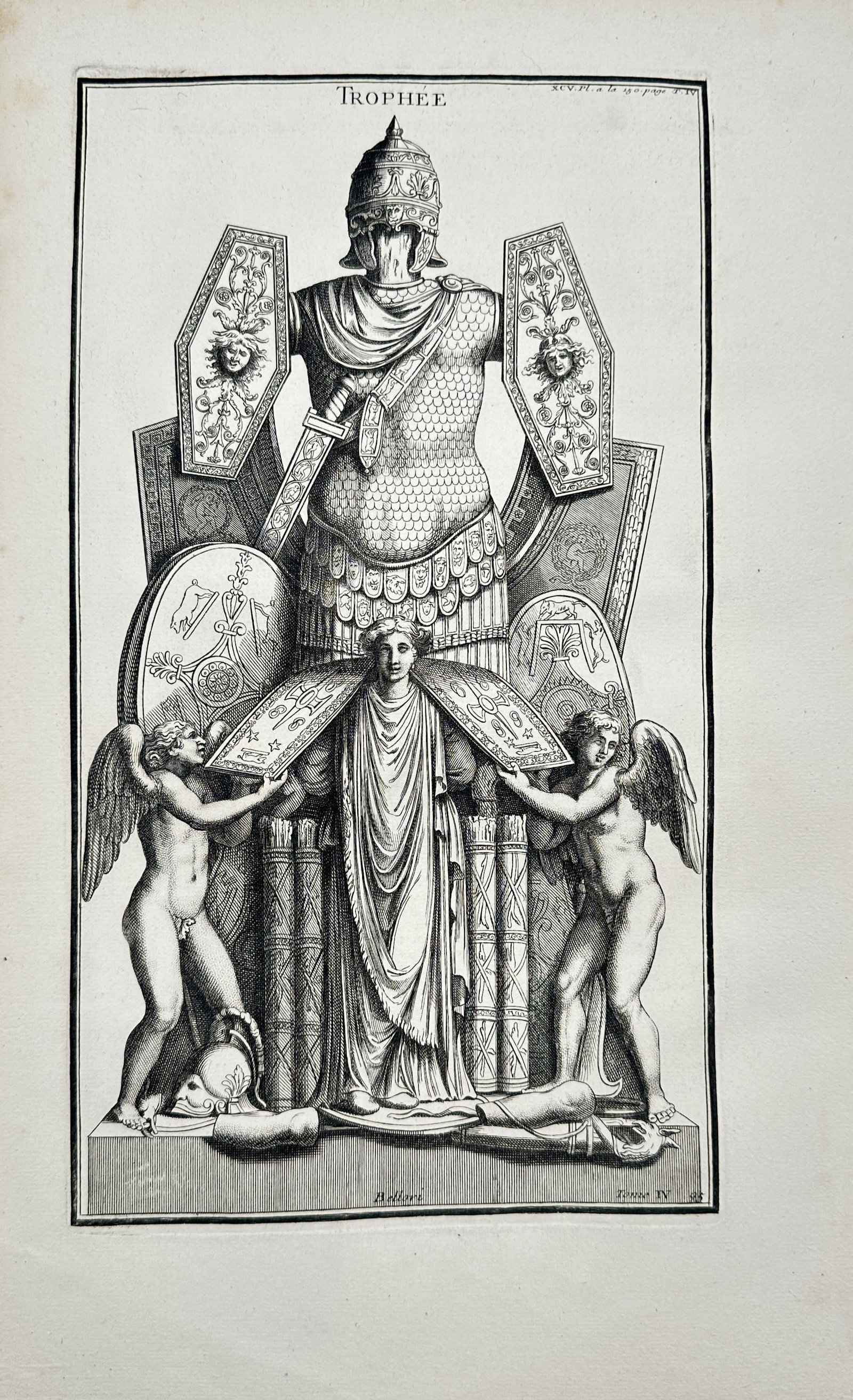 Bernard de Montfaucon – Classical Military Trophy Monument – Engraving (1719): "Trophee" This classical engraving illustrates an elaborate ancient military monument composed of scale armor, a decorative helmet, and specialized shields bearing the face of Medusa. The composition 