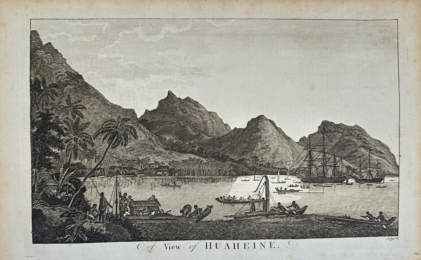 Alexander Hogg – View of Huahine Island – Engraving (1784): "A View of Huaheine" This topographical maritime landscape depicts a coastal bay at Huahine Island with several native outrigger canoes and masted European vessels anchored near a lush shore. The comp
