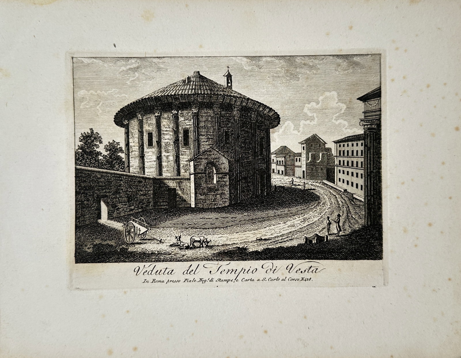 Pietro Parboni – View of the Temple of Vesta – Etching (19th Century): "Veduta del Tempio di Vesta" This architectural landscape captures the circular stone structure of the classical Temple of Hercules Victor, historically referred to as the Temple of Vesta, situated al