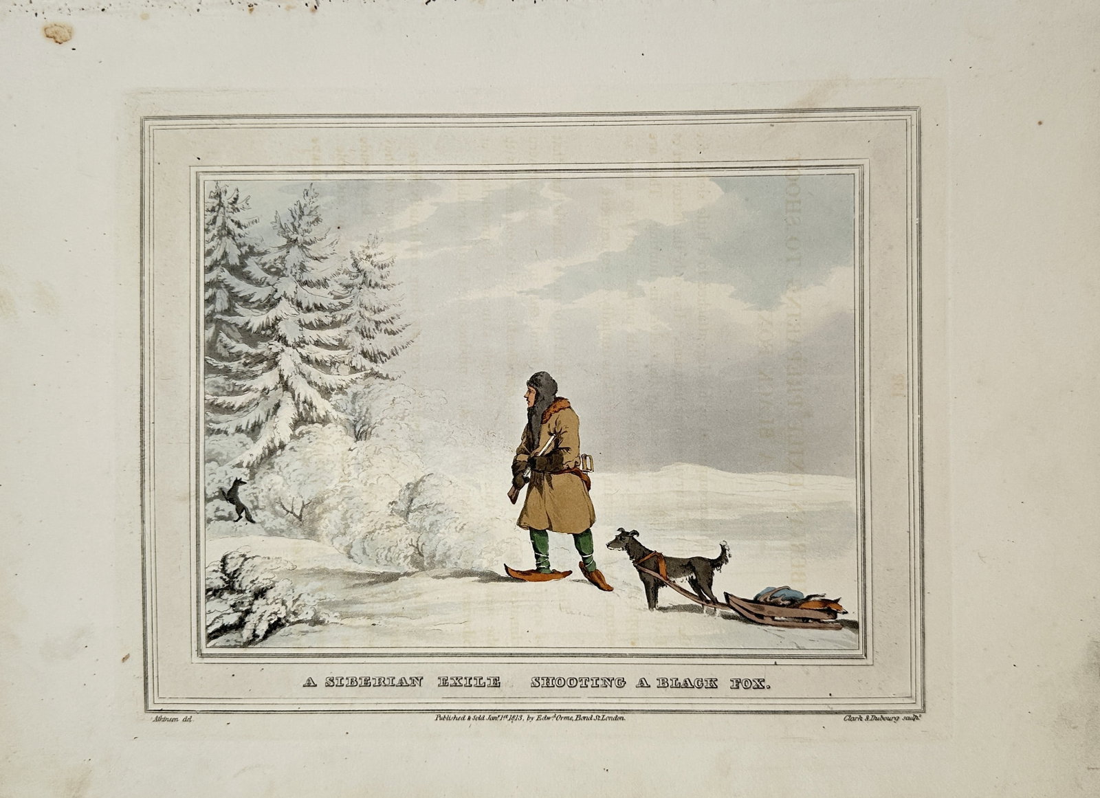 John Augustus Atkinson – A Siberian Exile Shooting a Black Fox – Aquatint (1813): "A Siberian Exile Shooting a Black Fox" This winter landscape captures a lone hunter outfitted in a heavy hooded tunic and traditional wooden snowshoes trekking across a deep frozen field. The composi