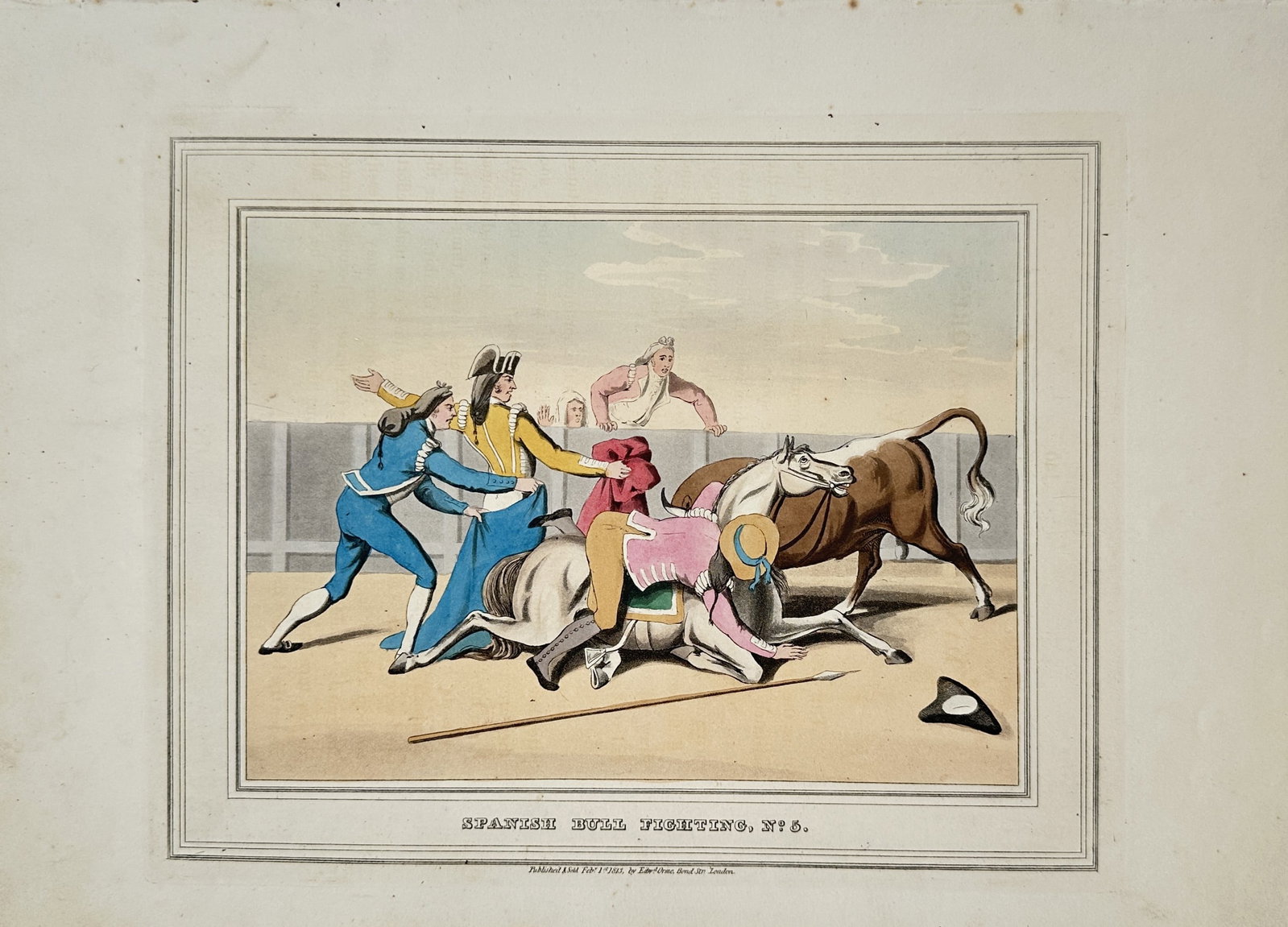 Samuel Howitt – Spanish Bull Fighting – Aquatint (1813): "Spanish Bull Fighting, No. 5" This sporting scene depicts a dramatic moment inside a bullring where a charging bull has upended a picador and his fallen horse. The composition shows several toreros r