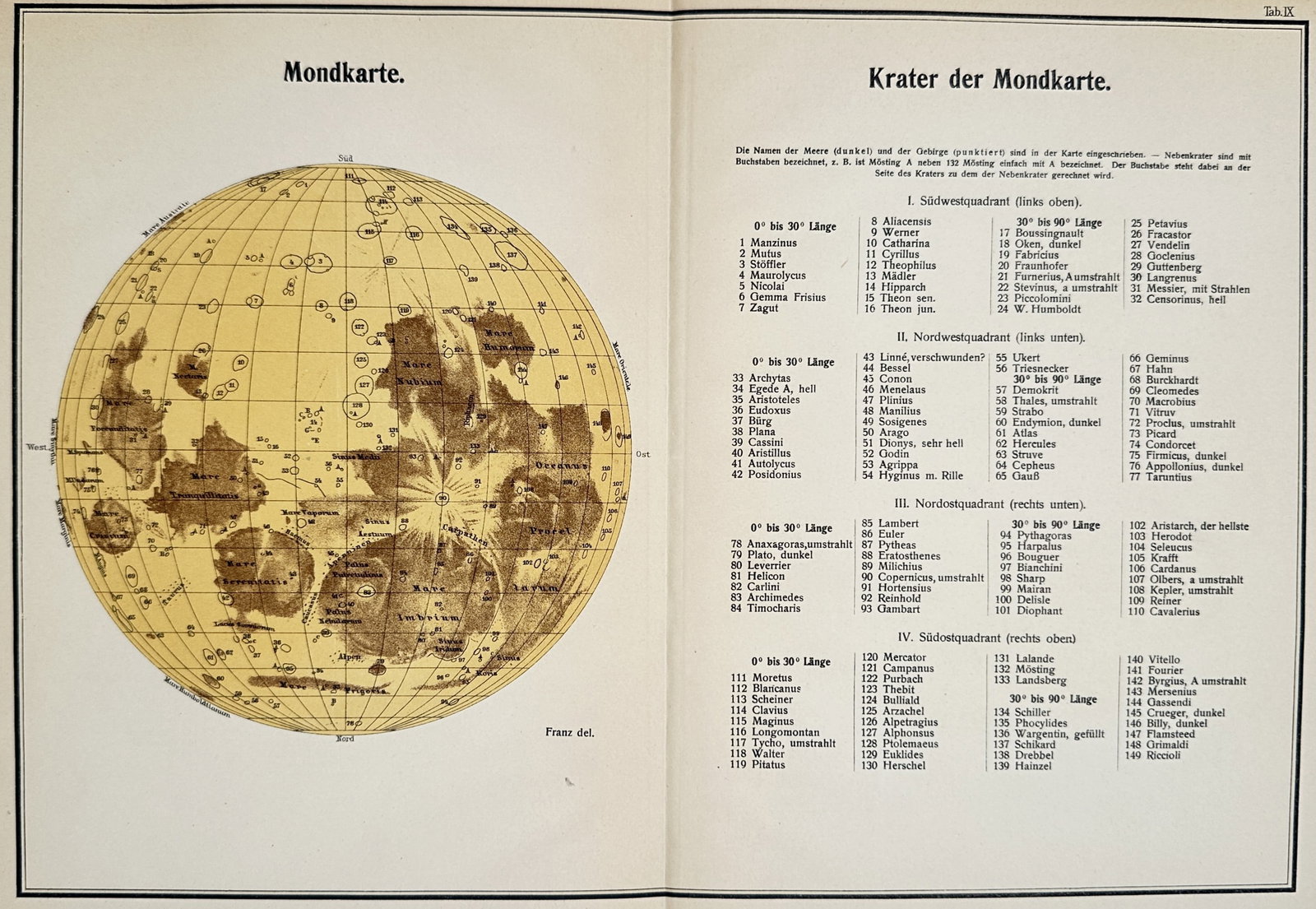 Julius Heinrich Franz (1847–1913) – Map of the Moon and Craters – Chromolithograph (1 of 3)
