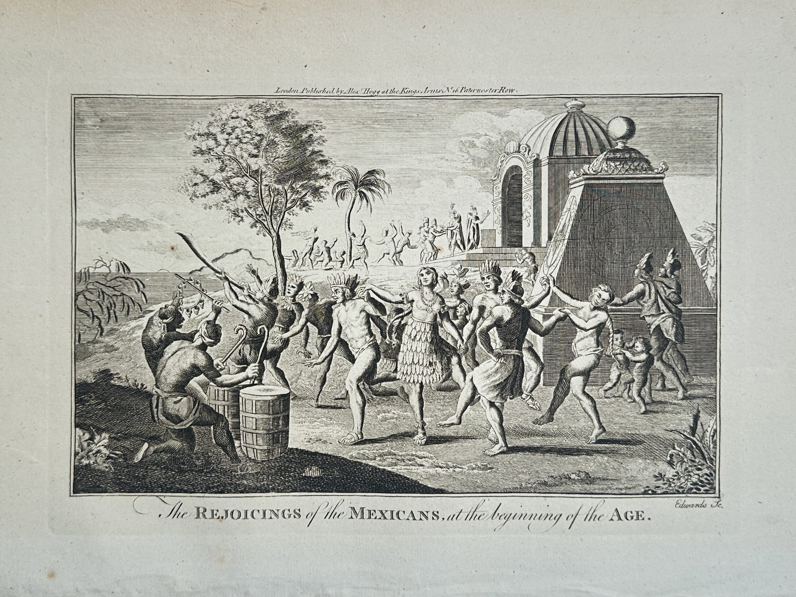Alex Hogg – Rejoicings of the Mexicans – Engraving (18th Century): "The Rejoicings of the Mexicans, at the Beginning of the Age" presents an intriguing ethnographic depiction of a massive festive gathering featuring numerous indigenous figures engaging in celebratory
