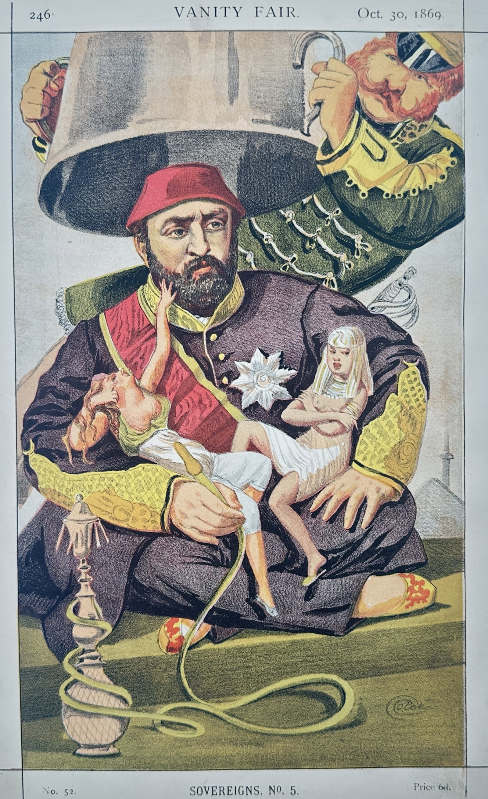 Adriano Cecioni – Ismail Pasha, Viceroy of Egypt – Lithograph (1869): "Ismail Pasha, Viceroy of Egypt" presents a brilliantly colored and theatrical satirical caricature depicting the seated Egyptian ruler in traditional dress, holding two diminutive figures in his hand