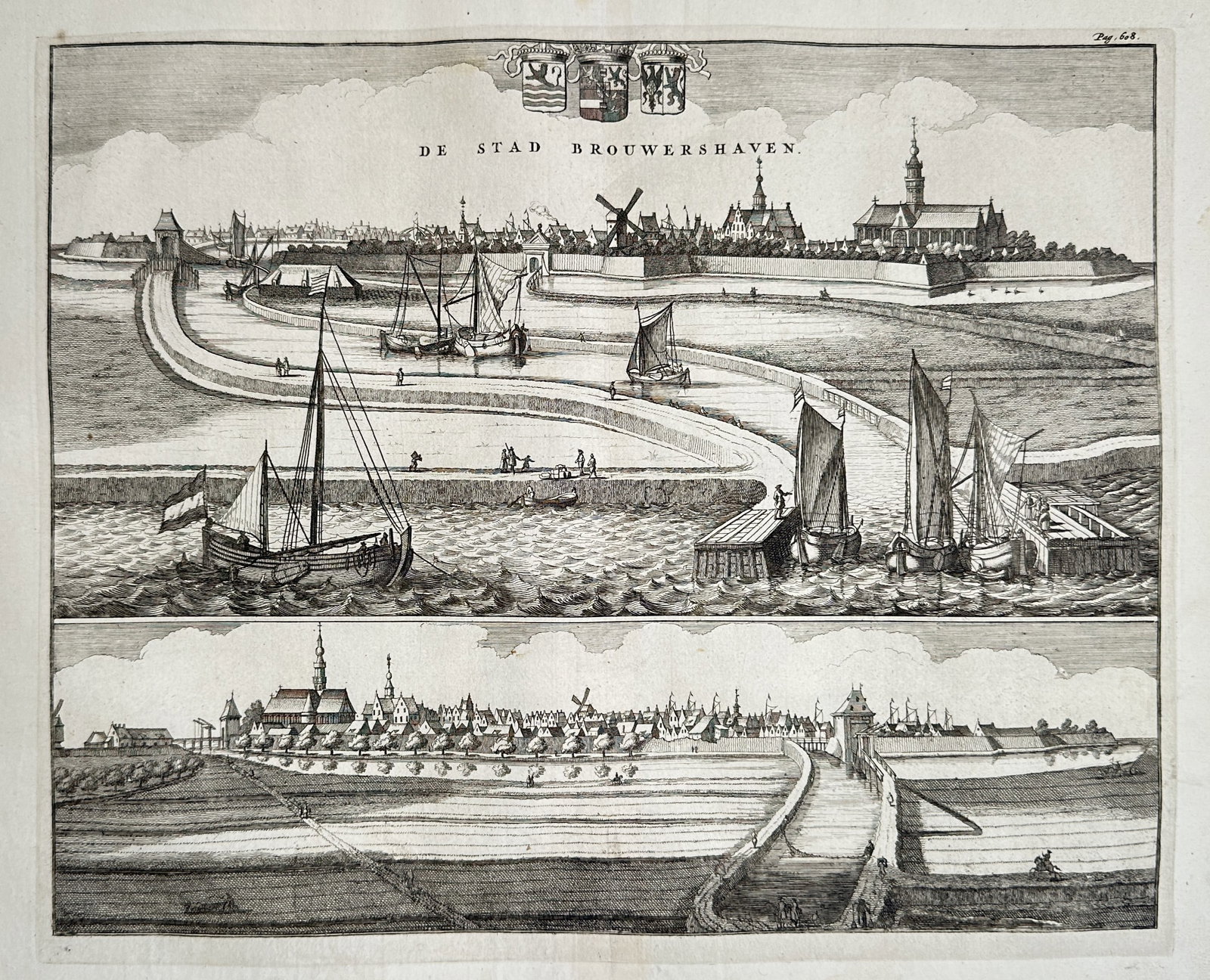 Mattheus Smallegange – Panoramic View of Brouwershaven – Low Countries – Engraving (1696): "De Stad Brouwershaven" presents a detailed historical view capturing the fortified port city of Brouwershaven split into two distinct horizontal panoramic perspectives. The composition features saili