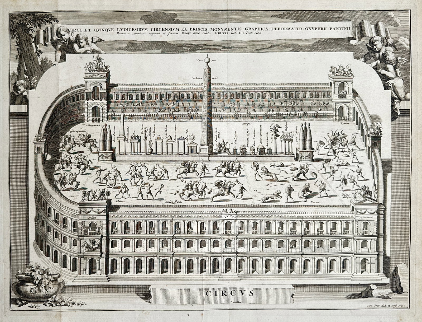 Frans Halma – Reconstruction of an Ancient Roman Circus – Classical Antiquity – Engraving: "Circi et Quinque Ludicrorum Circensium" presents a detailed birds-eye architectural reconstruction mapping a massive ancient Roman circus arena dynamic with various public games and spectacles. The h