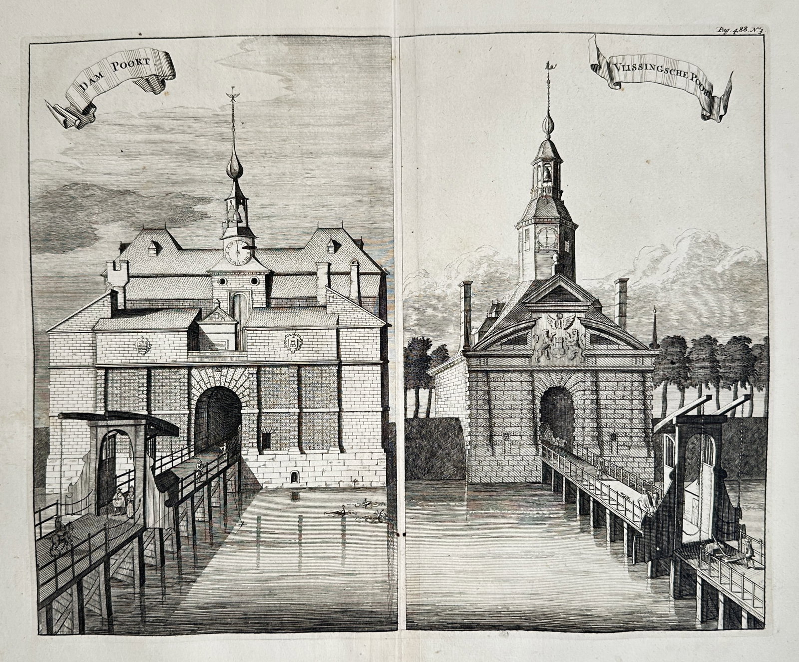 Mattheüs Smallegange – Dam Gate and Vlissingen Gate of Middelburg – Low Countries: "Dam Poort" and "Vlissingsche Poort" presents a detailed topographic depiction split into two distinct vertical panels capturing two historic fortified city gates of Middelburg. The finely engraved co