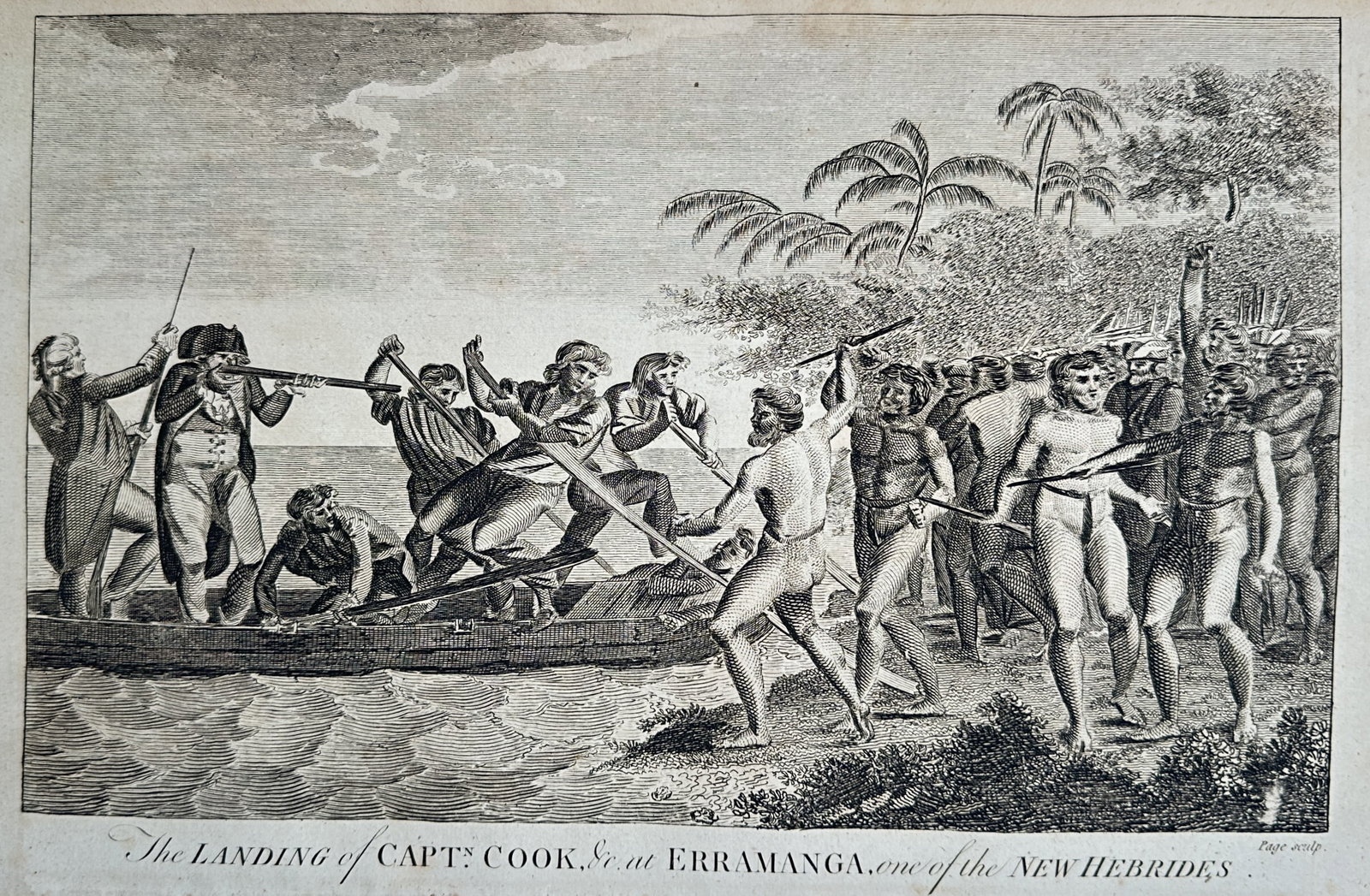 Alexander Hogg – Captain Cook's Landing at Erromango – Maritime Exploration – Engraving: It presents a dramatic historical scene capturing the hostile encounter during Captain James Cook's arrival on the island of Erromango (Erramanga). The volatile composition illustrates British naval o