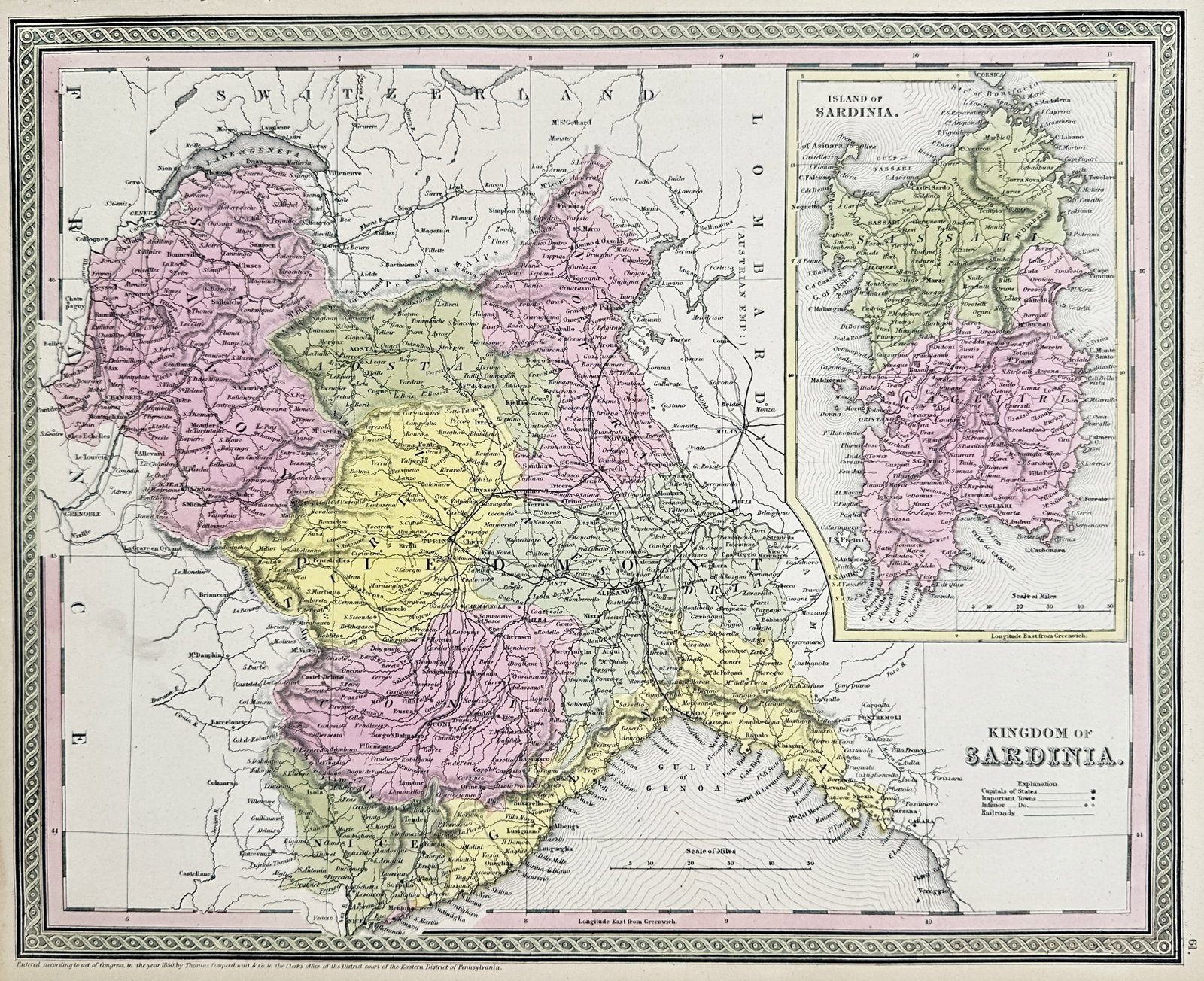 Thomas Cowperthwait – Map of the Kingdom of Sardinia – Italy – Engraving (19th Century): "Kingdom of Sardinia" presents a nineteenth-century cartographic map delineating the continental territories of northwest Italy alongside an inset map focusing on the island of Sardinia. The broad com