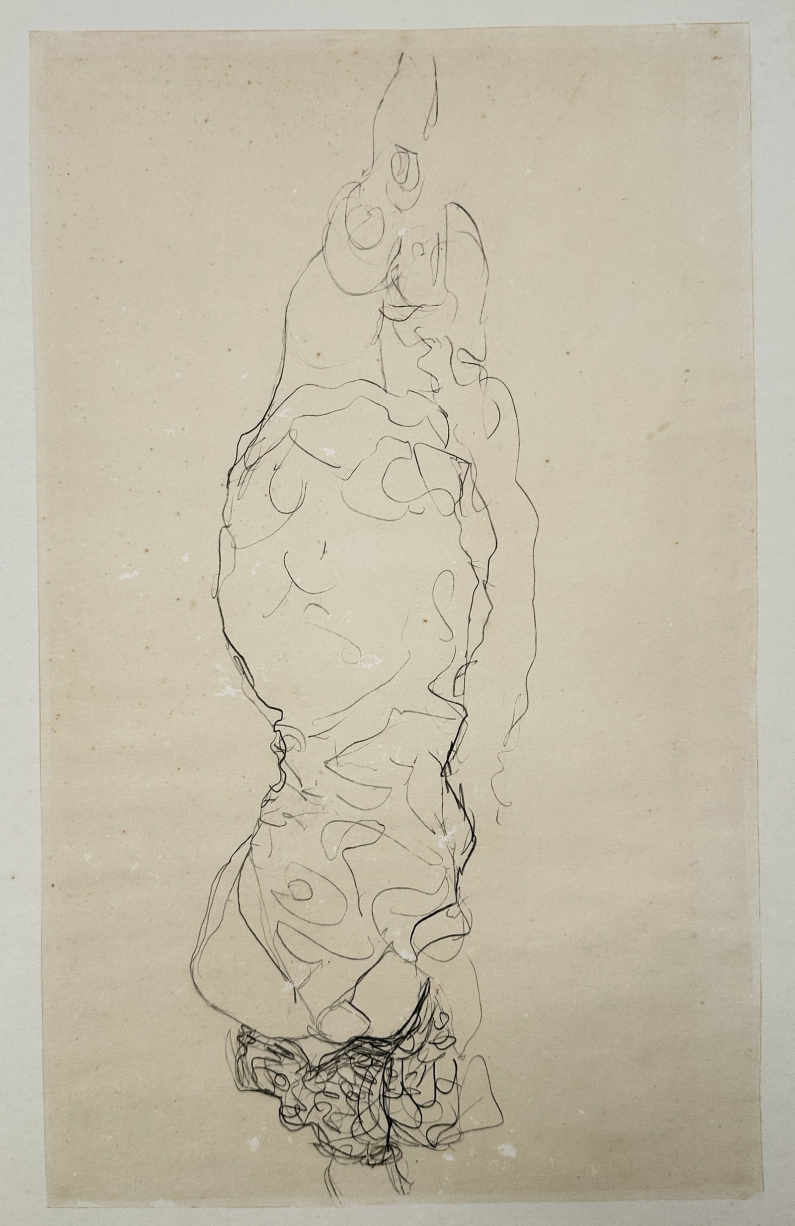 Gustav Klimt,after – Standing Female Nude from Behind – Offset Lithograph (20th Century): "Standing Female Nude from Behind" presents a twentieth-century master drawing facsimile capturing a standing female figure viewed from the back with her arms raised toward her head. The broad composi