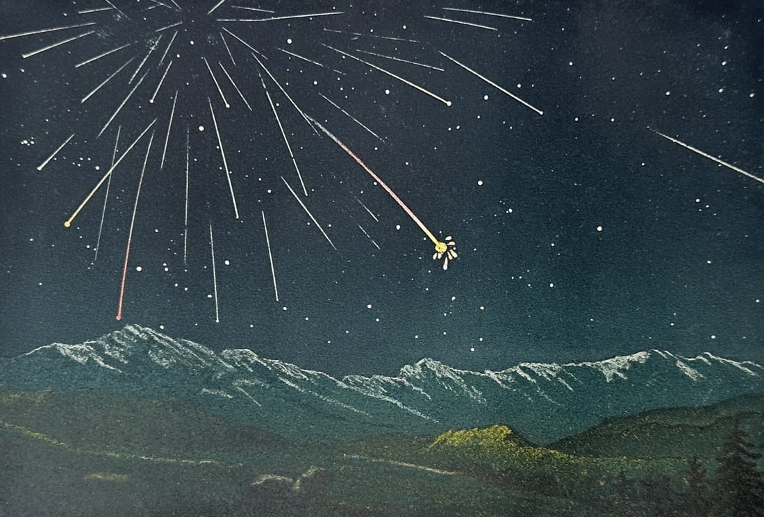 Amédée Guillemin – The Rain of Shooting Stars – Lithograph (19th Century): "La Pluie d'Etoiles Filantes" This astronomical illustration features a spectacular meteor shower with multiple bright streaks radiating across a star-filled night sky above a distant mountain range. 