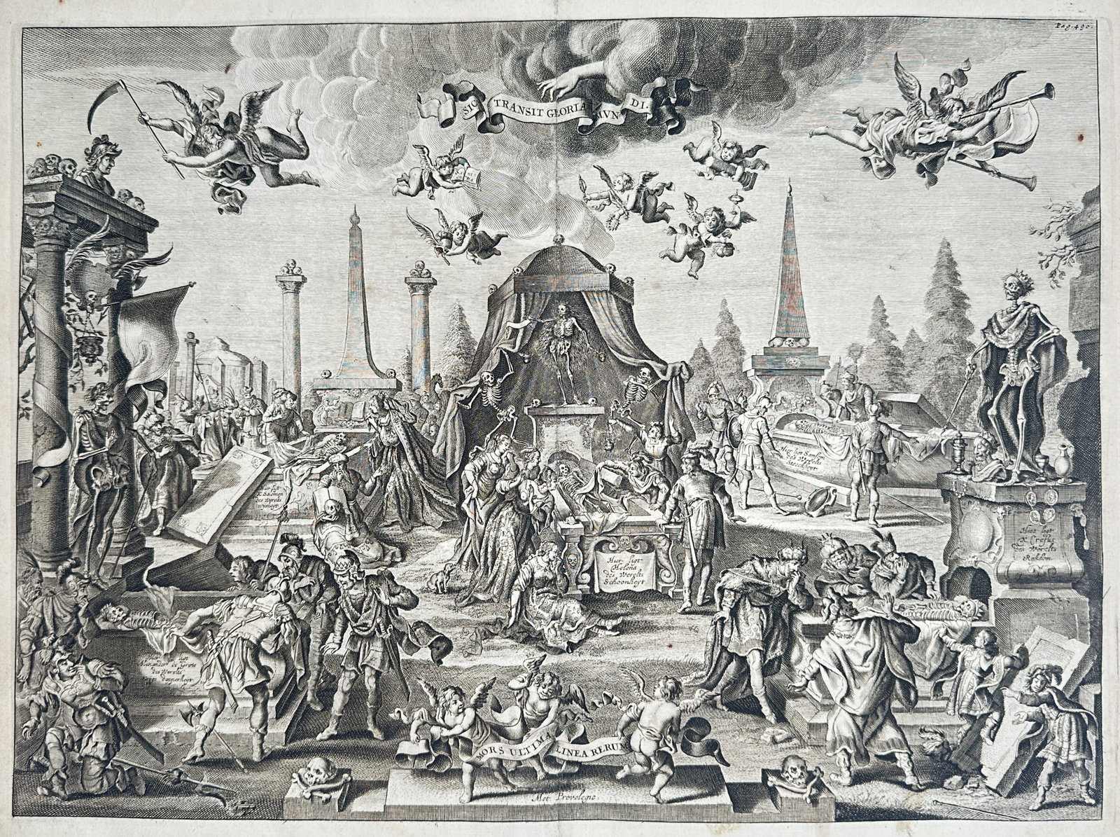 Adriaen Pietersz van de Venne – Allegory of Transience – Engraving (17th Century): "Sic Transit Gloria Mundi" This allegorical composition depicts a vast crowd gathered around structural monuments, obelisks, and open crypts to illustrate themes of mortality and worldliness. The intr