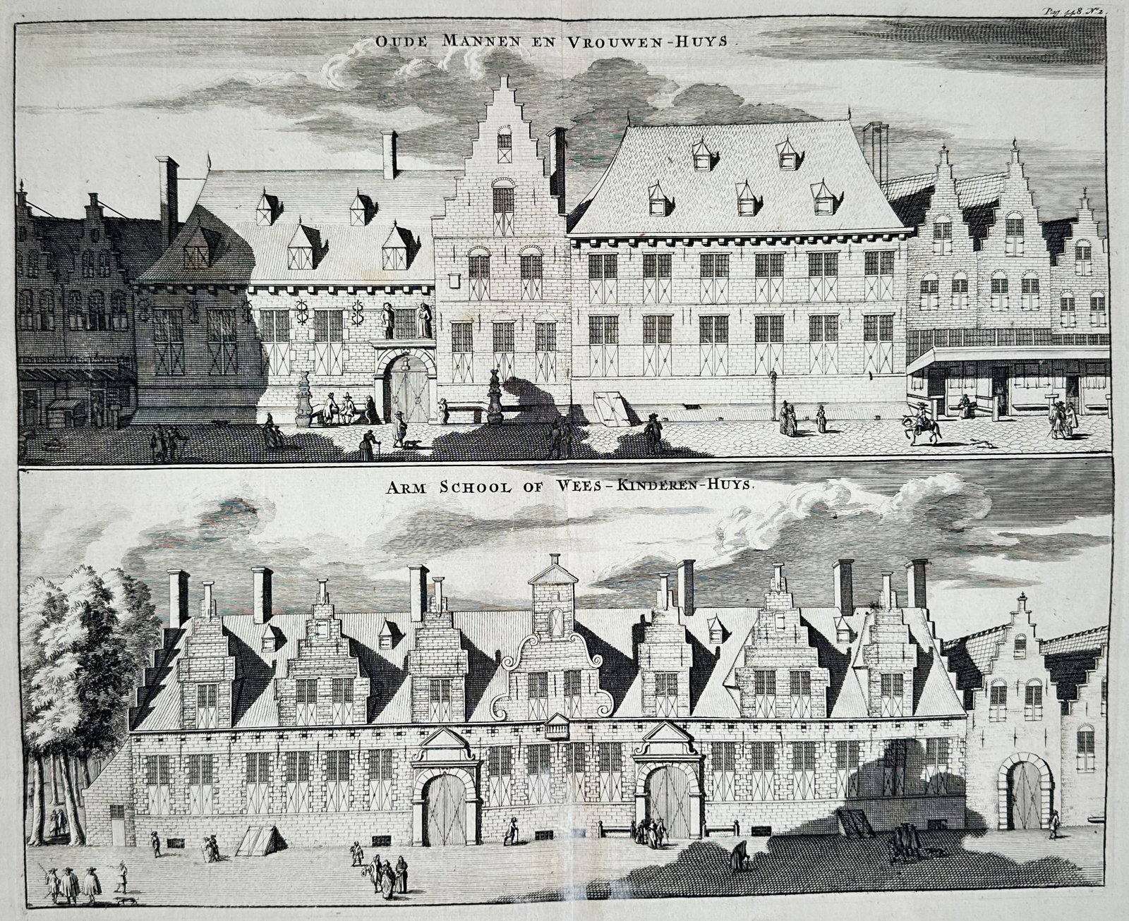 Mattheus Smallegange – Old Men and Women's House and Poor School or Orphanage – Engraving: "Old Men and Women's House and Poor School or Orphanage" presents architectural elevations of municipal charitable institutions with stepped gables, dormers, and surrounding urban streets animated by 