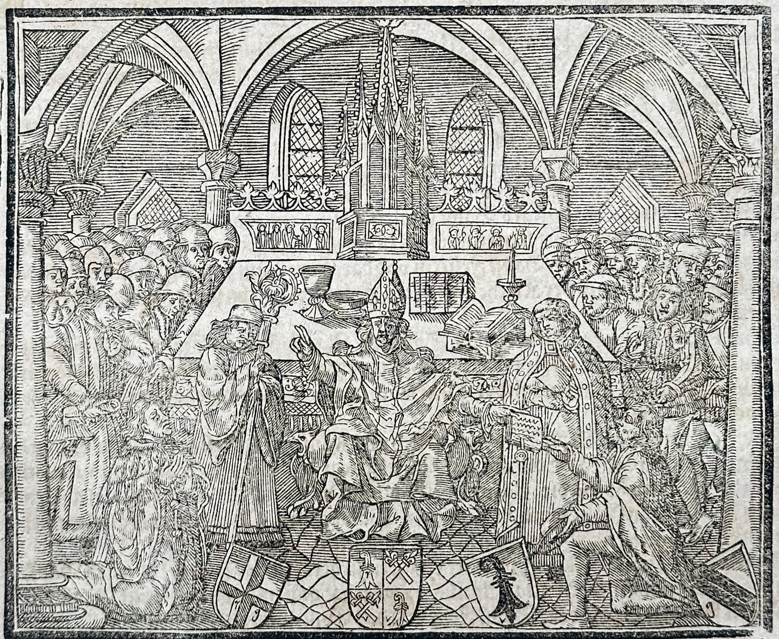 Sebastian Münster – Pope Pius II Founding the High School of Basel – Woodcut (16th Century) (1 of 3)