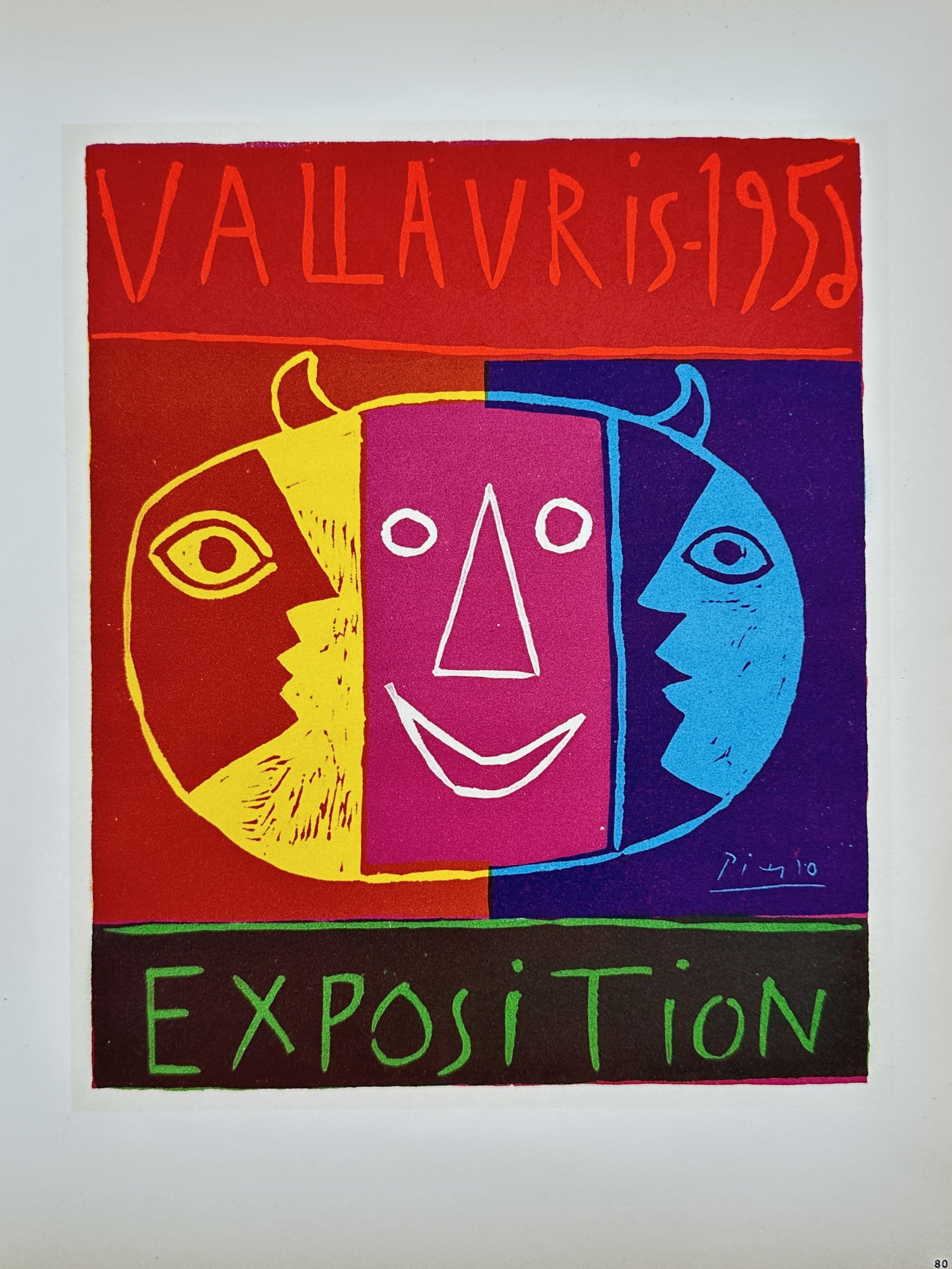 Pablo Picasso,after – Vallauris Exposition 1952 – Offset Lithograph (20th Century): "Vallauris Exposition 1952" presents a vibrant modernist exhibition poster featuring a multi-faceted stylized face composed of contrasting profile and frontal masks framed by bold lettering. The color