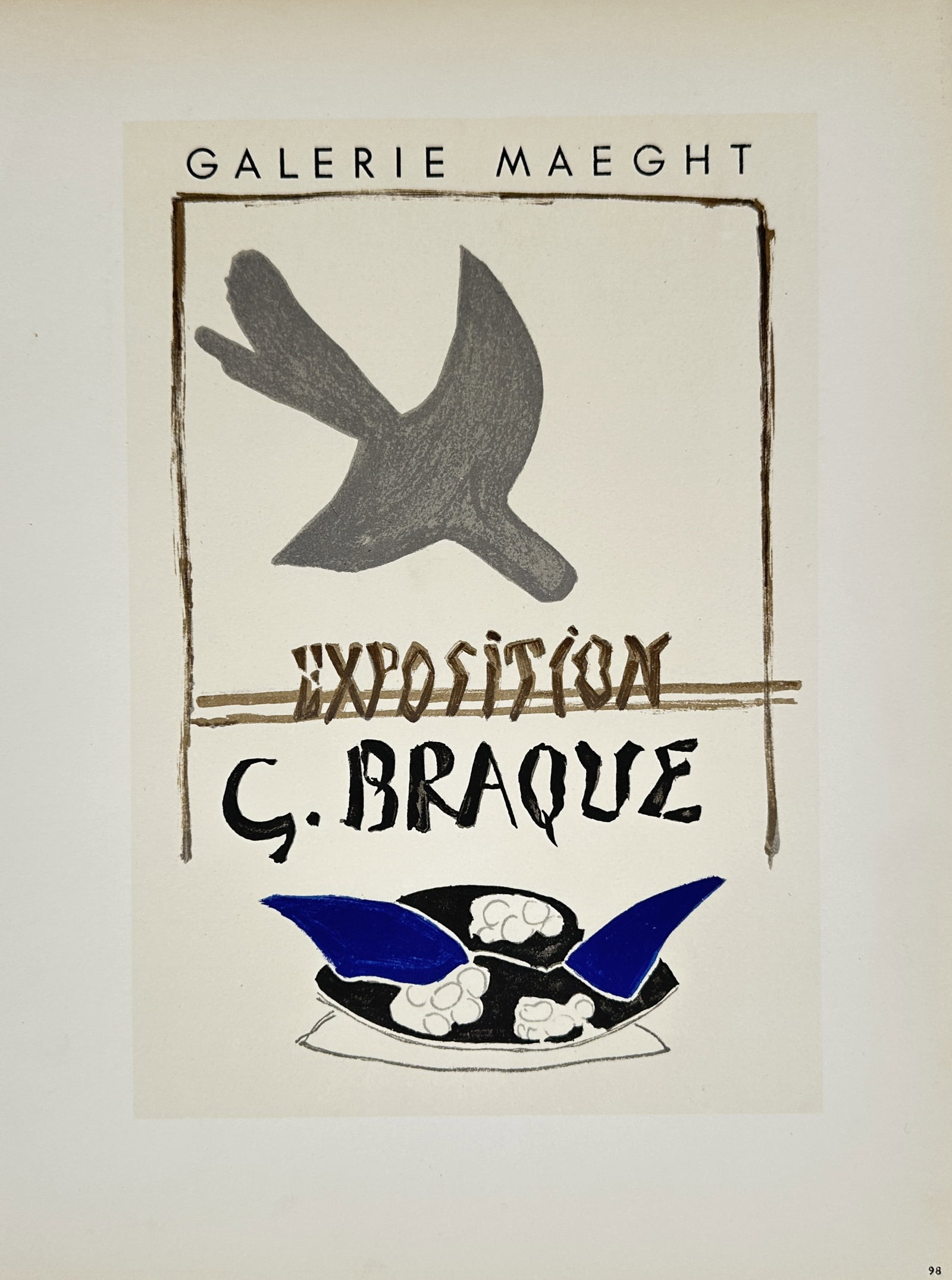 Georges Braque,after – Galerie Maeght Exposition – Offset Lithograph (20th Century): "Galerie Maeght Exposition" presents a modernist exhibition poster featuring a stylized silhouette of a bird in flight set above an abstract decorative nest motif and bold typography. The graphic comp