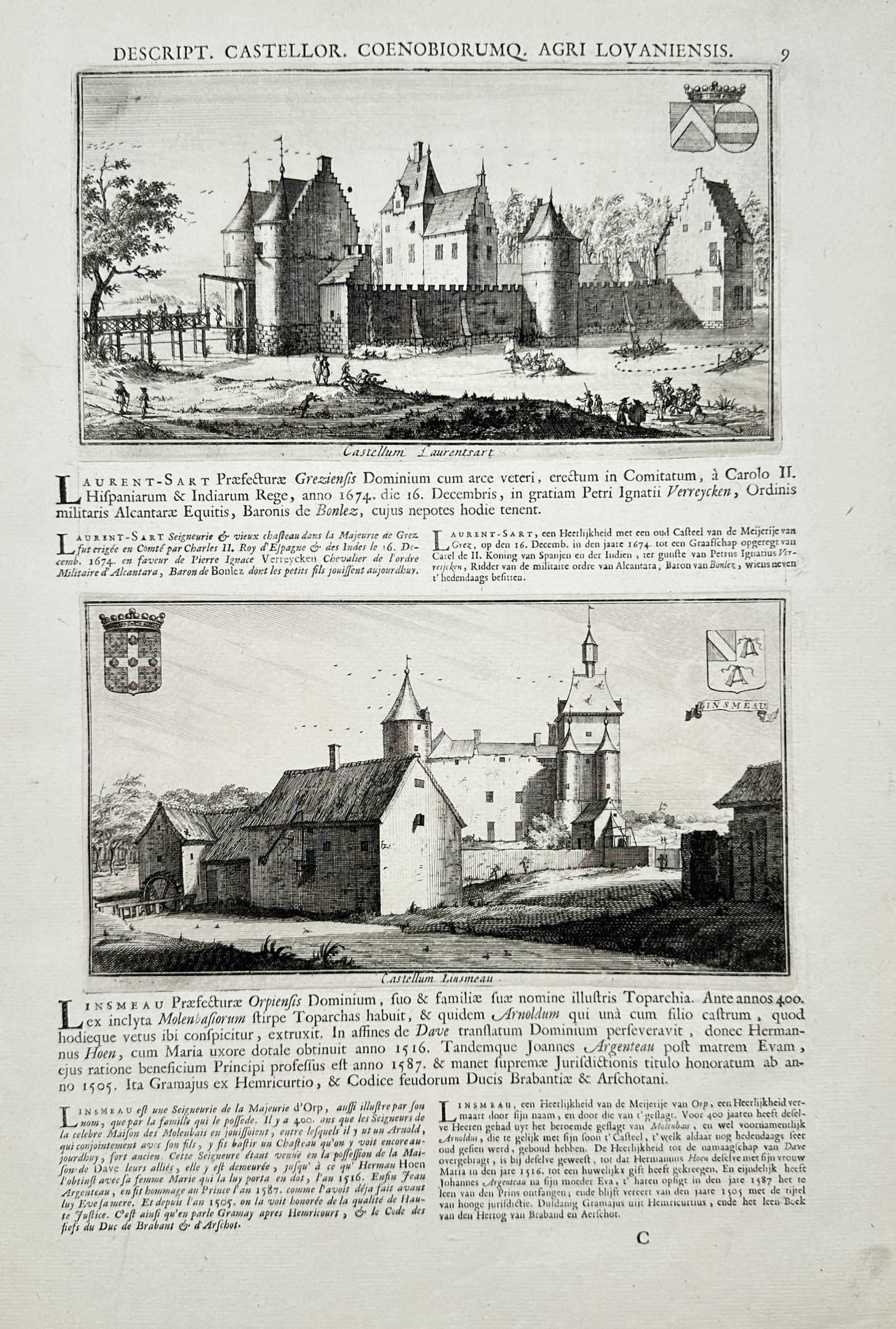 Jacques Le Roy – Castles of Laurensart and Linsmeau – Engraving (17th Century): "Castles of Laurensart and Linsmeau" presents topographical architectural views of historic manorial estates and fortified châteaux situated in the territory of Leuven, accompanied by their respectiv