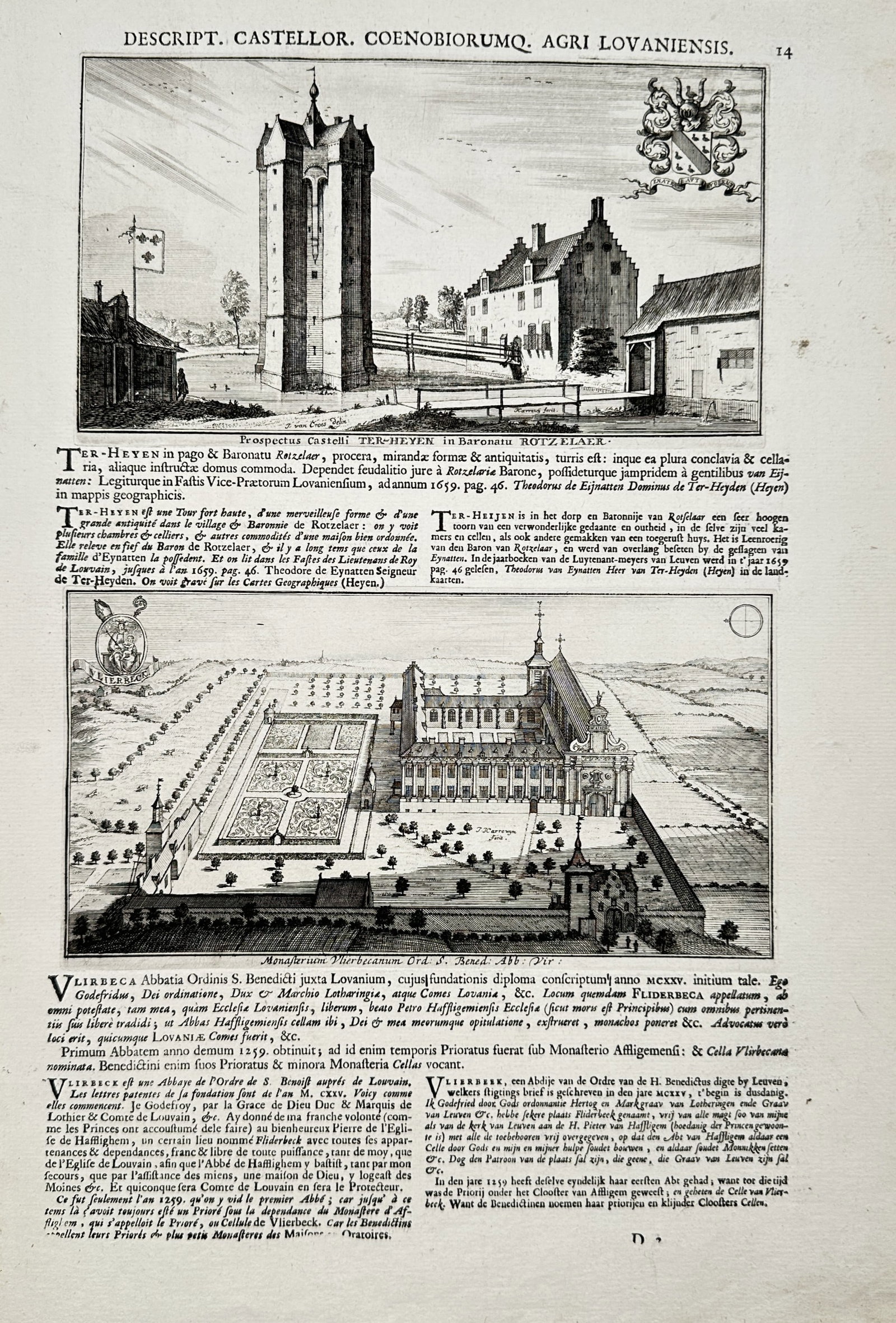 Jacques Le Roy – Castle of Ter Heyen and Vlierbeek Abbey – Engraving (17th Century): "Castle of Ter Heyen in the Barony of Rotselaar and Vlierbeek Abbey" presents topographical architectural views of a fortified feudal tower and a sprawling Benedictine monastic complex situated in the