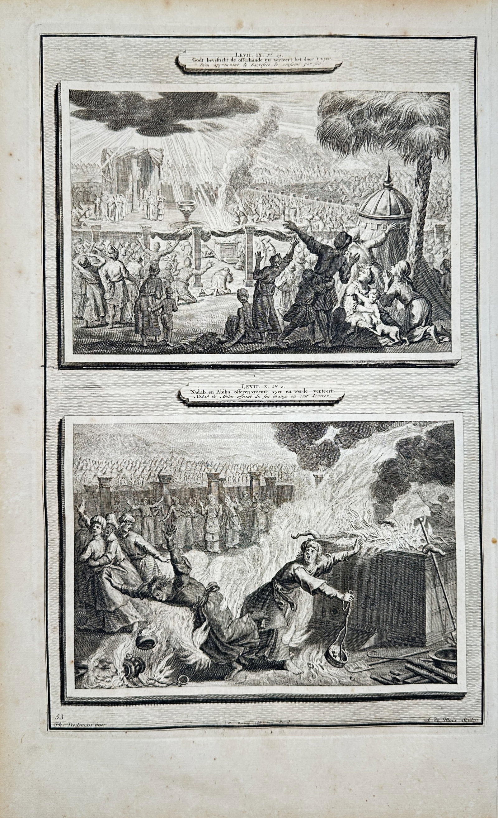 Pieter Mortier – The Consecration of the Altar and the Punishment of Nadab and Abihu – Engraving: "God Approves the Sacrifice and Consumes It with Fire and Nadab and Abihu Offer Strange Fire and Are Consumed" presents dramatic Old Testament scenes showing heavenly flames descending upon the altar 