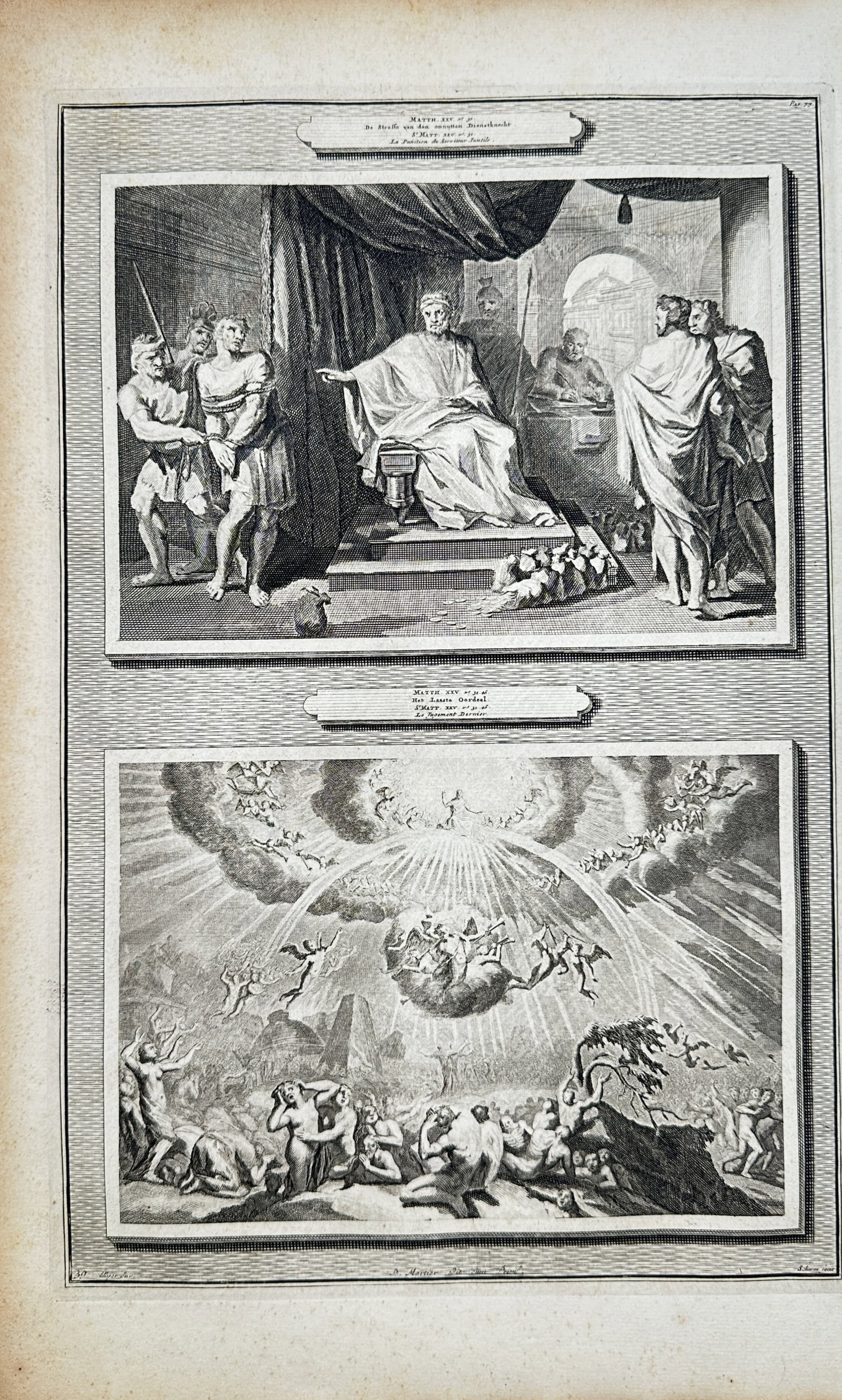 Pieter Mortier – The Parable of the Unprofitable Servant and the Last Judgment – Engraving: "The Parable of the Unprofitable Servant and the Last Judgment" presents New Testament narratives illustrating the enthroned master holding his servants accountable alongside the climactic heavenly vi