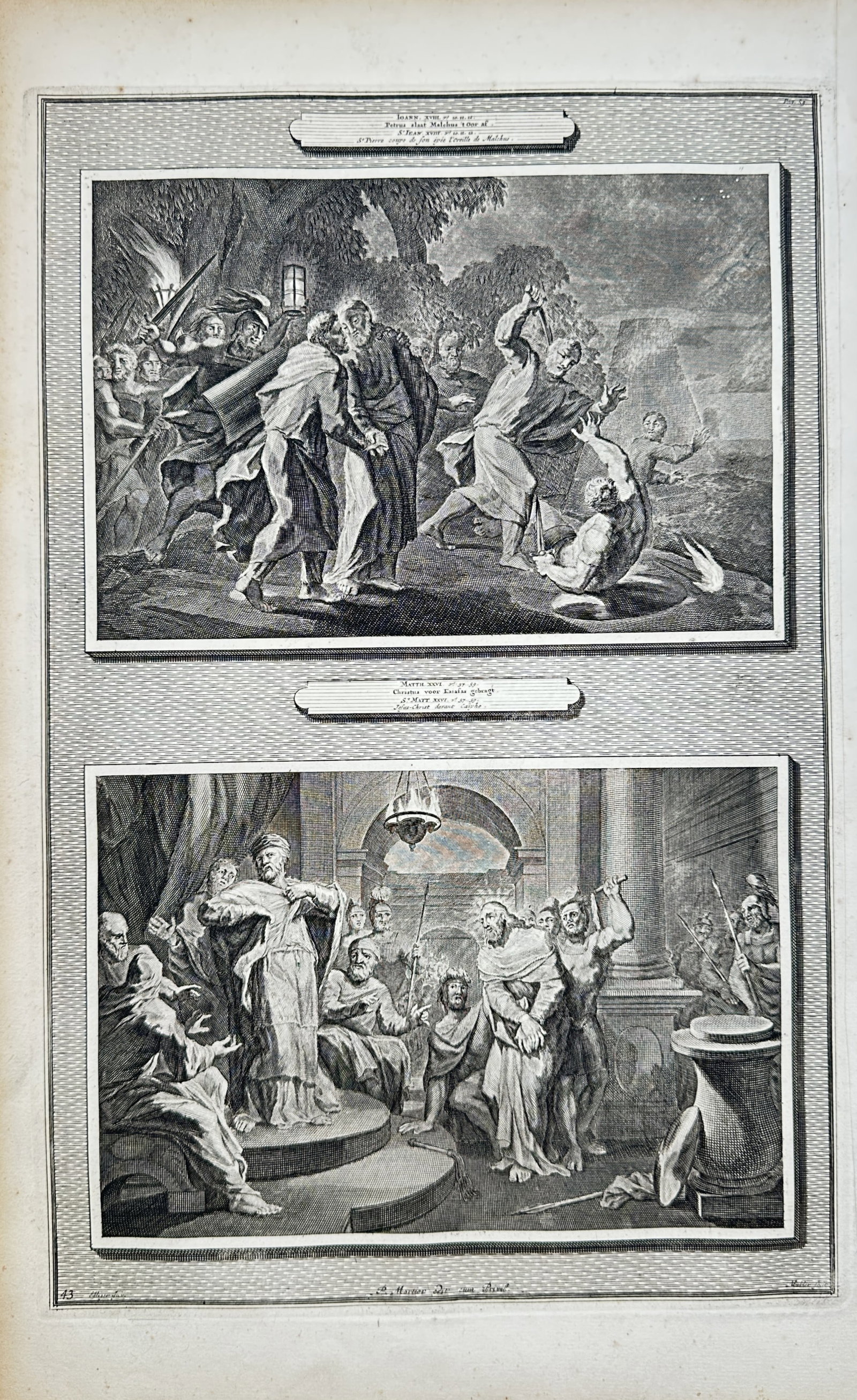 Pieter Mortier – The Betrayal of Christ and Christ Before Caiaphas – Engraving (18th Century) (1 of 2)