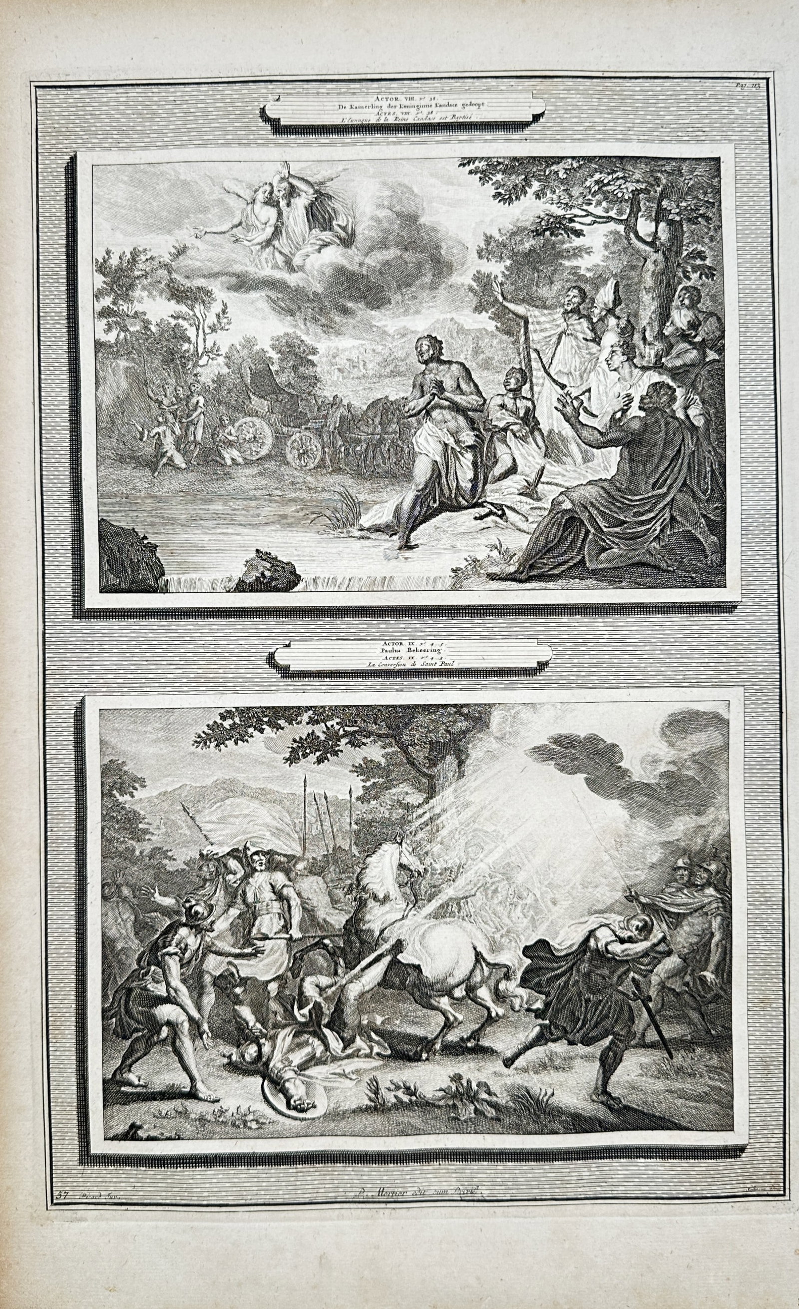 Pieter Mortier – The Baptism of the Ethiopian Eunuch and the Conversion of Saint Paul –: "The Baptism of the Ethiopian Eunuch and the Conversion of Saint Paul" presents dynamic New Testament scenes illustrating Philip administering baptism to the Ethiopian official by a river alongside Sa