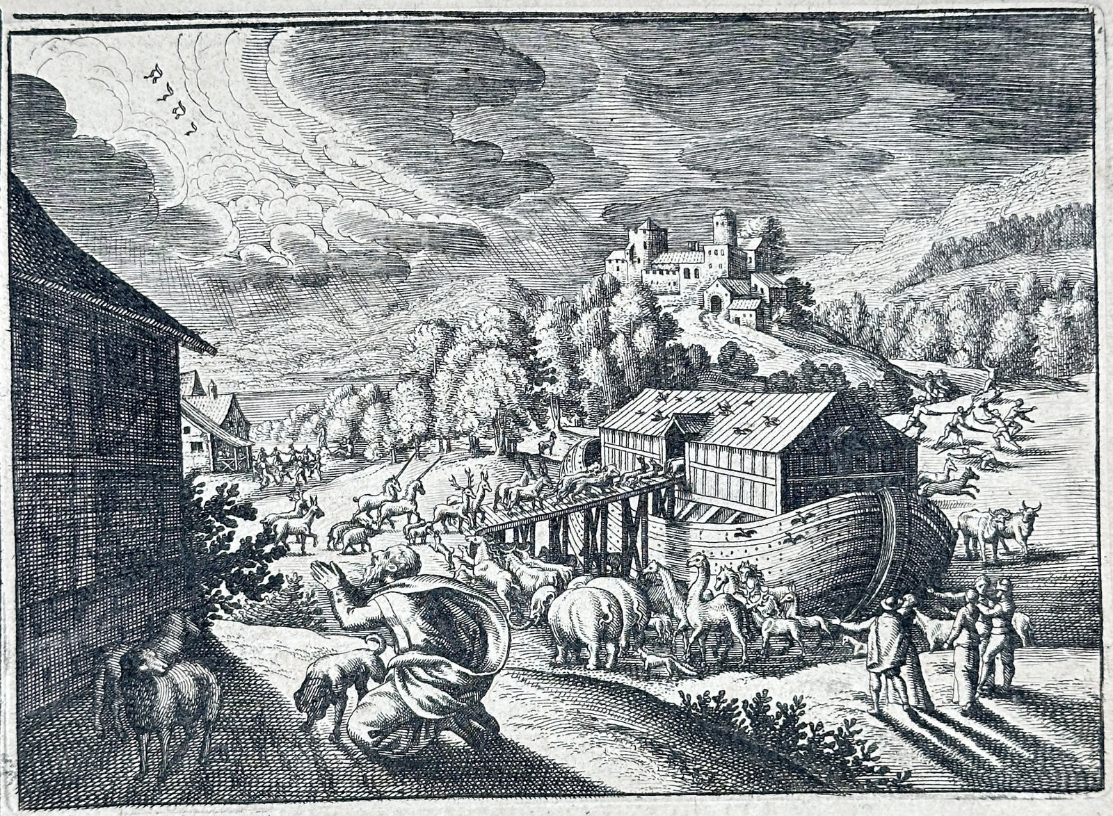 Nicolas Fontaine – Noah's Ark – Engraving (17th Century): "Noah's Ark" depicts Noah kneeling in prayer beneath divine light from parting clouds as pairs of animals board the massive wooden vessel. The Old Testament composition illustrates the biblical narrat