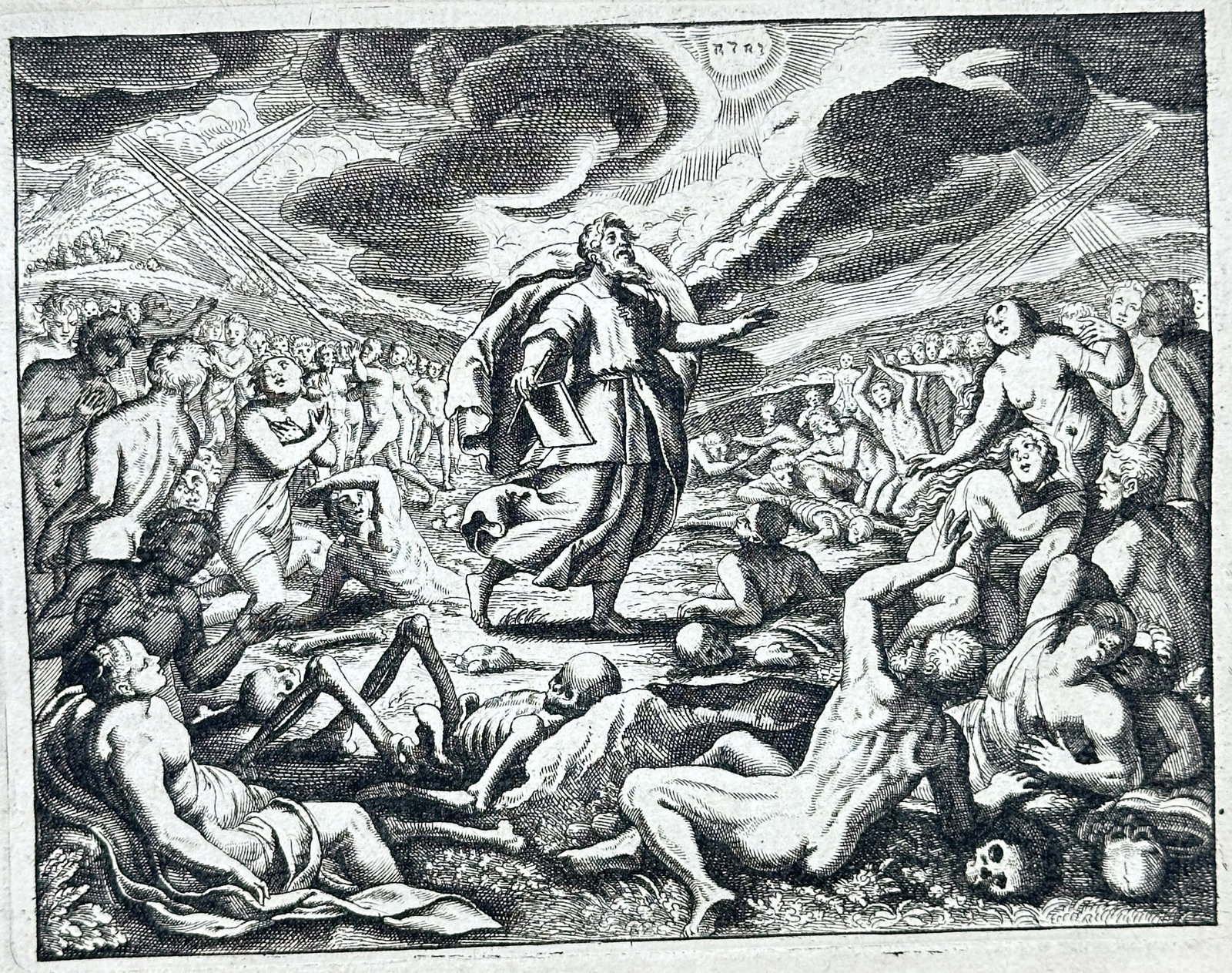 Nicolas Fontaine – Second Vision of Ezekiel and the Valley of Dry Bones – Engraving (17th: "Second Vision of Ezekiel" depicts the prophet Ezekiel standing amidst a valley of dry bones as divine light and the breath of life restore them to living human form. The dramatic Old Testament compos