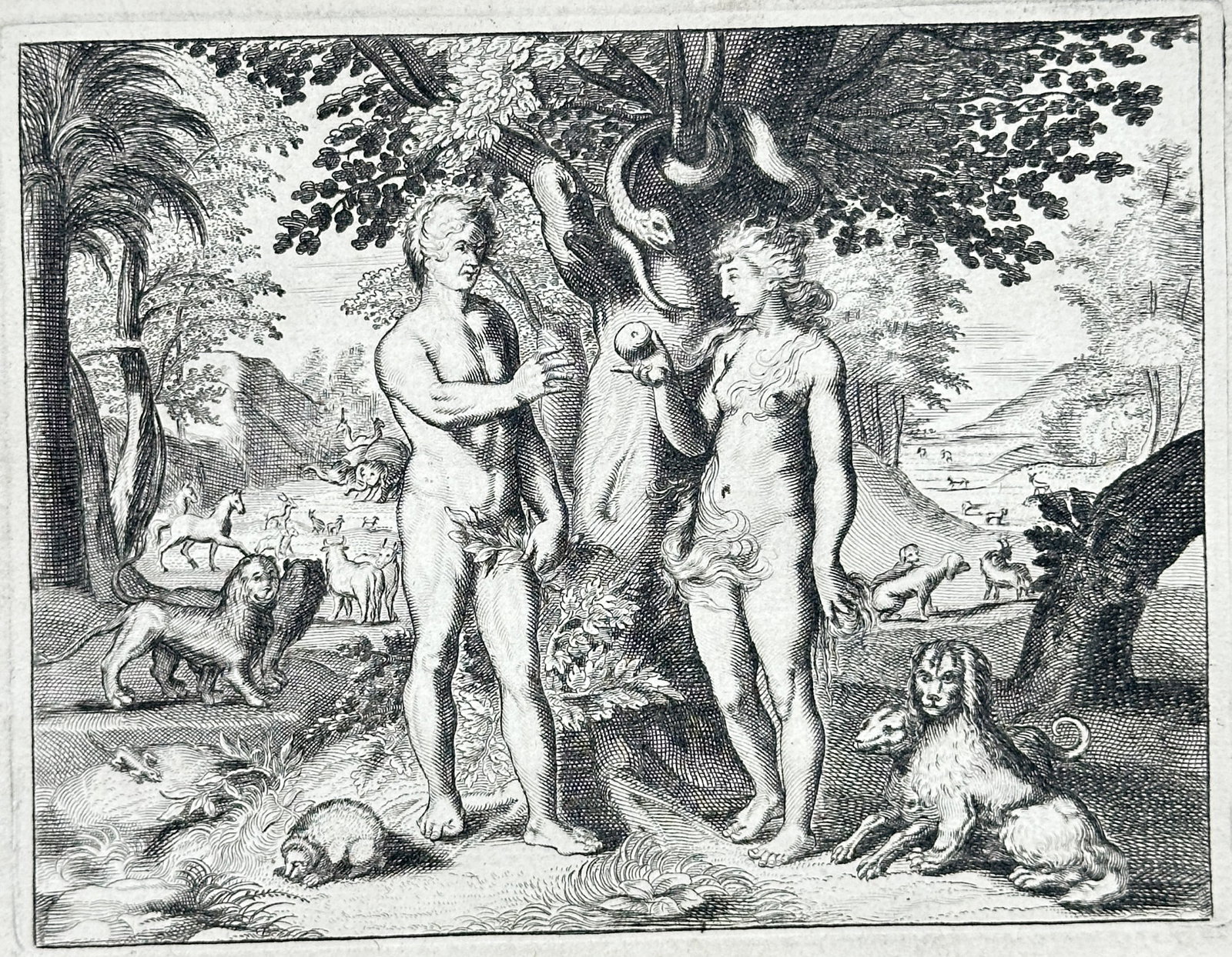 Nicolas Fontaine – The Fall of Adam and Eve – Engraving (17th Century): "Fall of Adam" depicts Adam and Eve beside the Tree of Knowledge of Good and Evil, where the serpent coils in the branches as Eve holds the forbidden fruit amidst the animals of Eden. The Old Testamen