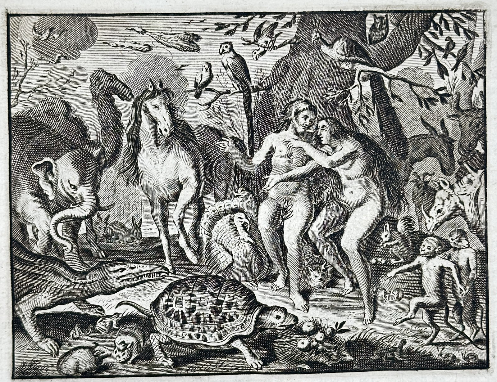 Jacob Cats – Foundation of Marriage in the Garden of Eden – Engraving (17th Century): "Foundation of Marriage" depicts Adam and Eve embracing in the Garden of Eden surrounded by a rich variety of terrestrial and avian creatures beneath spreading tree branches. The allegorical emblem il