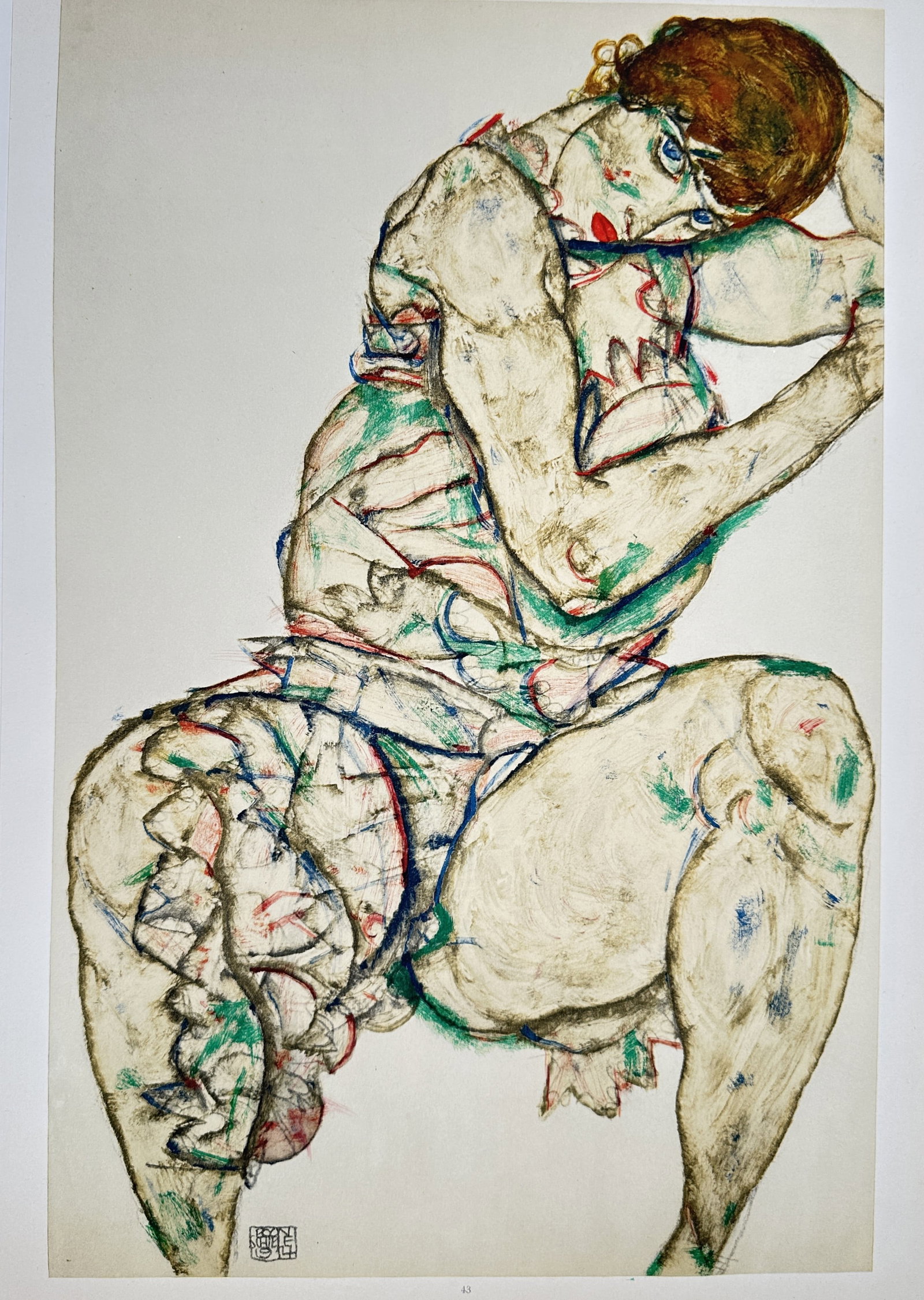 Egon Schiele,after – Crouching Female Nude – Offset lithograph (20th Century): "Crouching Female Nude" presents an expressive figurative study of a contorted seated model rendered with angular contours, dynamic linework, and vibrant touches of tempera. The Austrian Expressionist