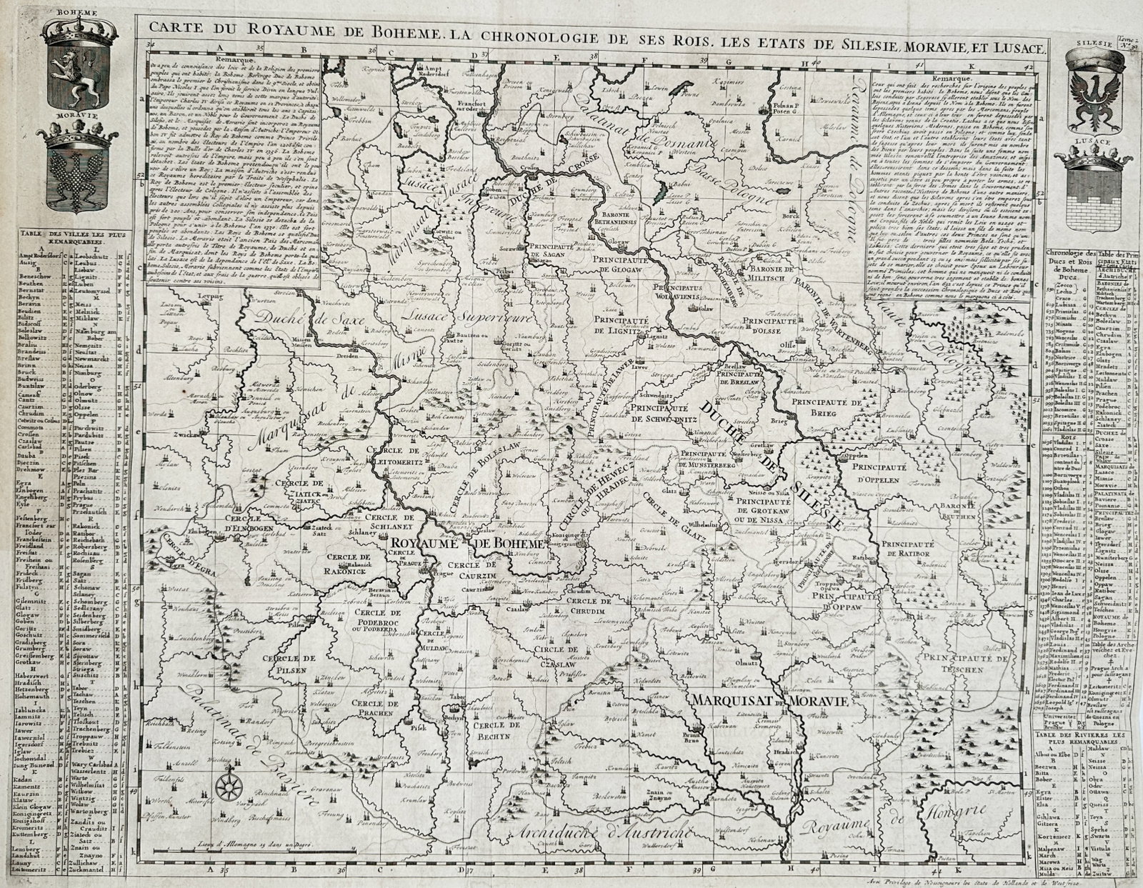 Henri Abraham Chatelain – Map of the Kingdom of Bohemia, Silesia, Moravia, and Lusatia – Central: "Map of the Kingdom of Bohemia, the Chronology of Its Kings, the States of Silesia, Moravia, and Lusatia" presents a detailed cartographic survey delineating regional borders, administrative circles, 
