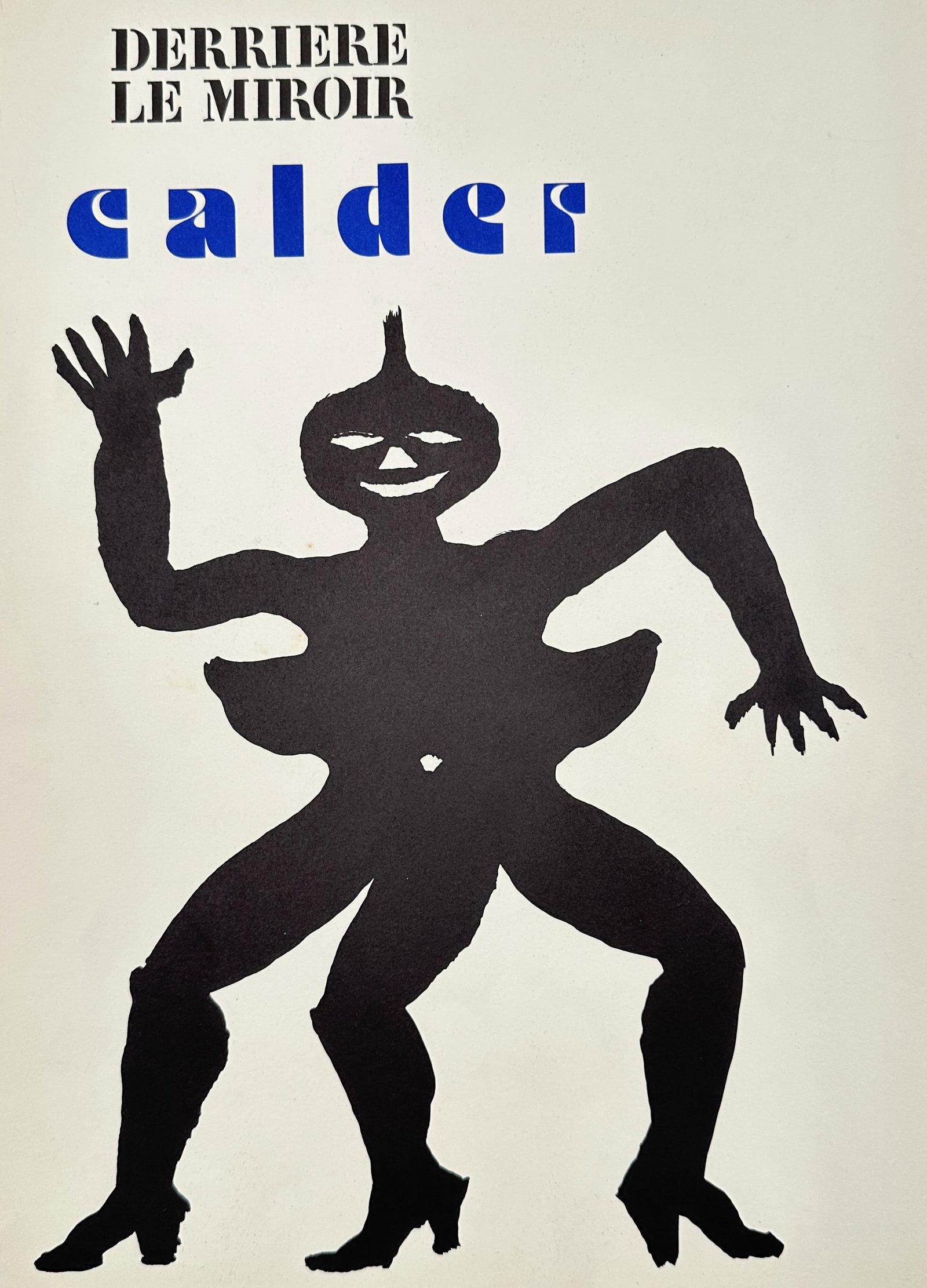 Alexander Calder,after – Behind the Mirror Cover with Grotesque Dancing Figure – Offset: "Behind the Mirror" presents an expressive cover composition featuring a stylized, multi-limbed dancing silhouette topped with a smiling head alongside bold typographic lettering. The print illustrate