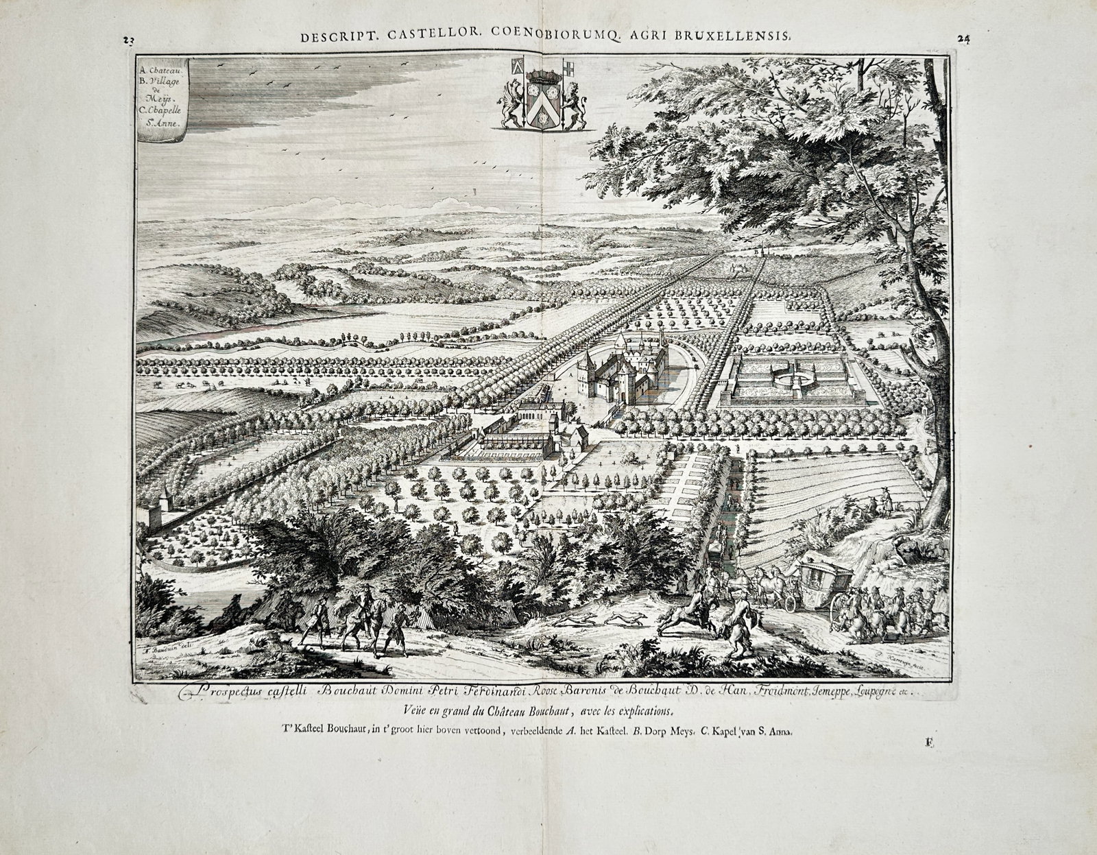 Jacques Harrewijn – Panoramic View of Bouchout Castle and Estate – Engraving (17th Century): "View in Large of the Chateau Bouchout" presents an extensive panoramic landscape capturing the moated manor house, formal gardens, geometric orchards, and surrounding Brabant countryside accompanied 