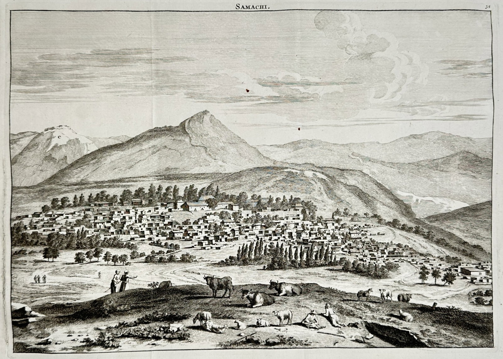 Cornelis de Bruijn – Panoramic View of Shamakhi – Engraving (18th Century): "Shamakhi" presents an expansive topographical view of the historic city situated at the base of dramatic mountain ridges with grazing livestock and pastoral figures in the foreground. The copperplate