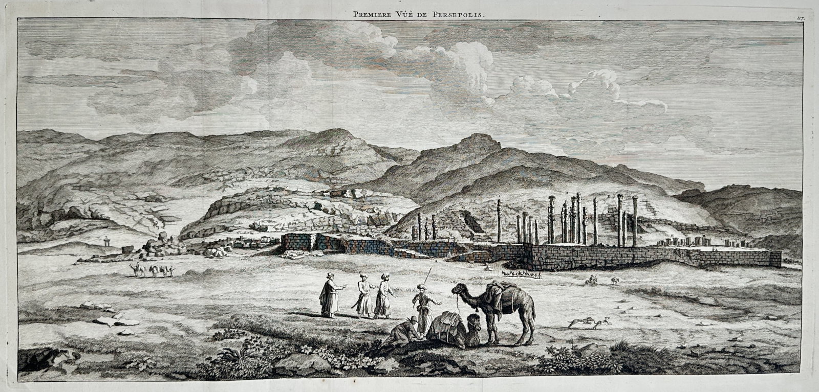 Cornelis de Bruijn – Panoramic View of the Ruins of Persepolis – Engraving (18th Century): "First View of Persepolis" presents an extensive panoramic landscape capturing the ancient monumental ruins, standing columns, and stone terraces of Persepolis set against rugged mountain ranges with 