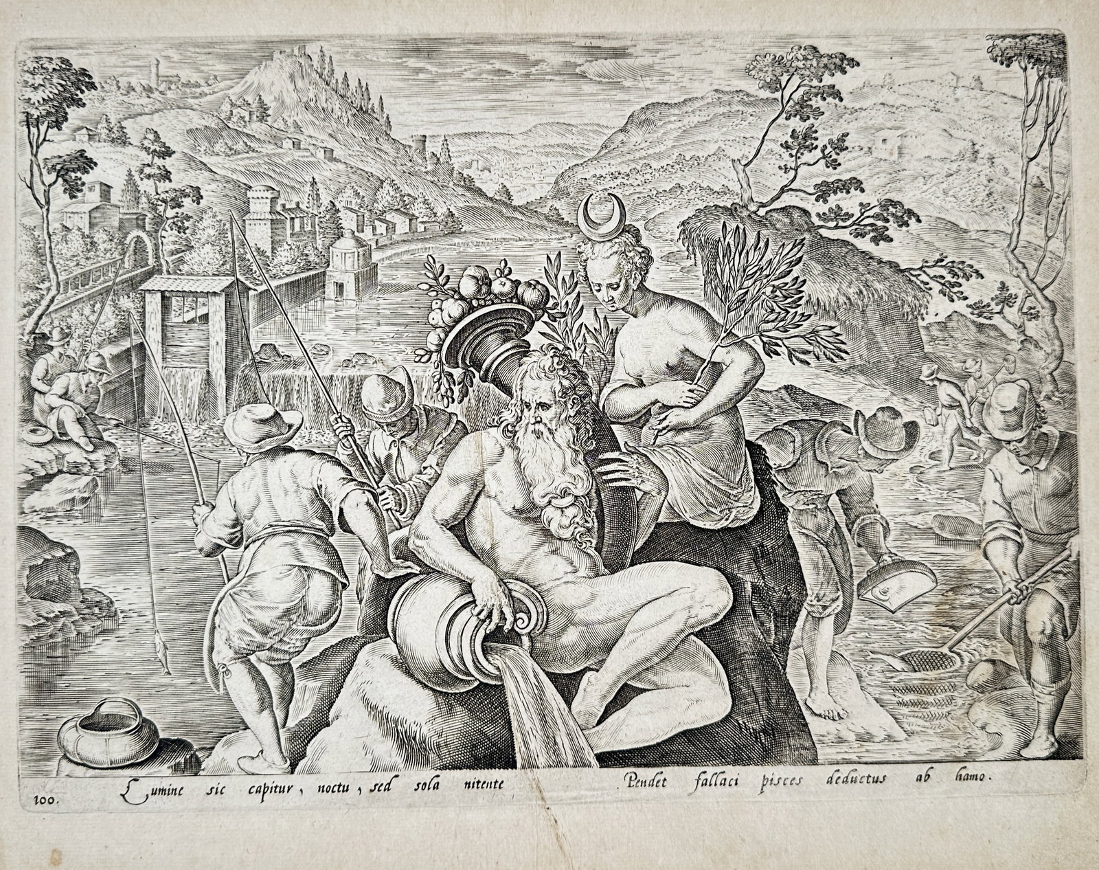 Philips Galle – River God Allegory and Night Fishing Scene – Engraving (16th Century) (1 of 2)