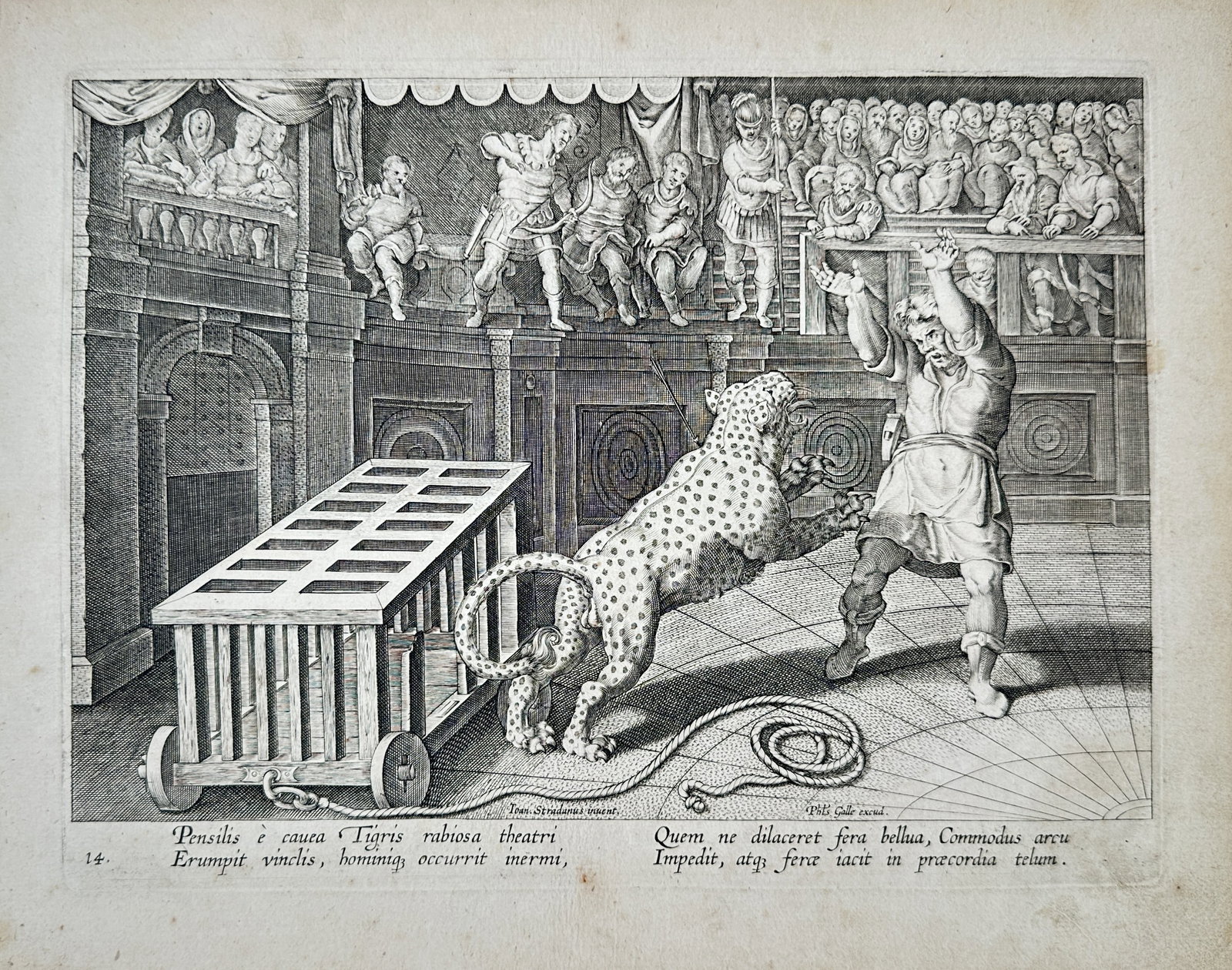 Philips Galle – Roman Arena Beast Hunt with Emperor Commodus – Engraving (16th Century): "The Enraged Beast in the Roman Arena" presents a dramatic Roman amphitheater spectacle depicting a ferocious beast emerging from a wheeled cage toward an unarmed man while Emperor Commodus prepares t