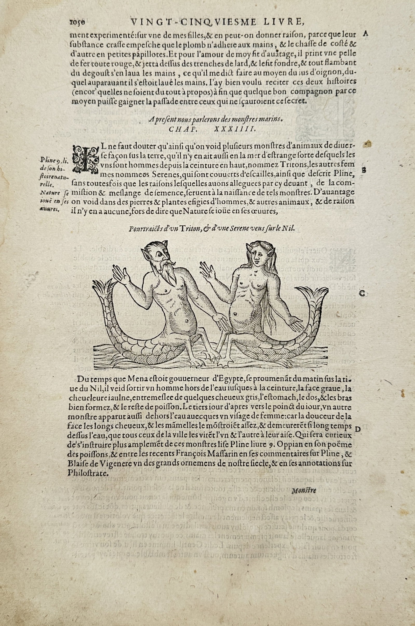 Ambroise Paré – Portraits of a Triton and a Siren on the Nile – Engraving (16th Century): "Portraits of a Triton and a Siren Seen on the Nile" presents a Renaissance teratological study illustrating mythological sea beings with humanoid torsos and piscine tails set within a page of classic