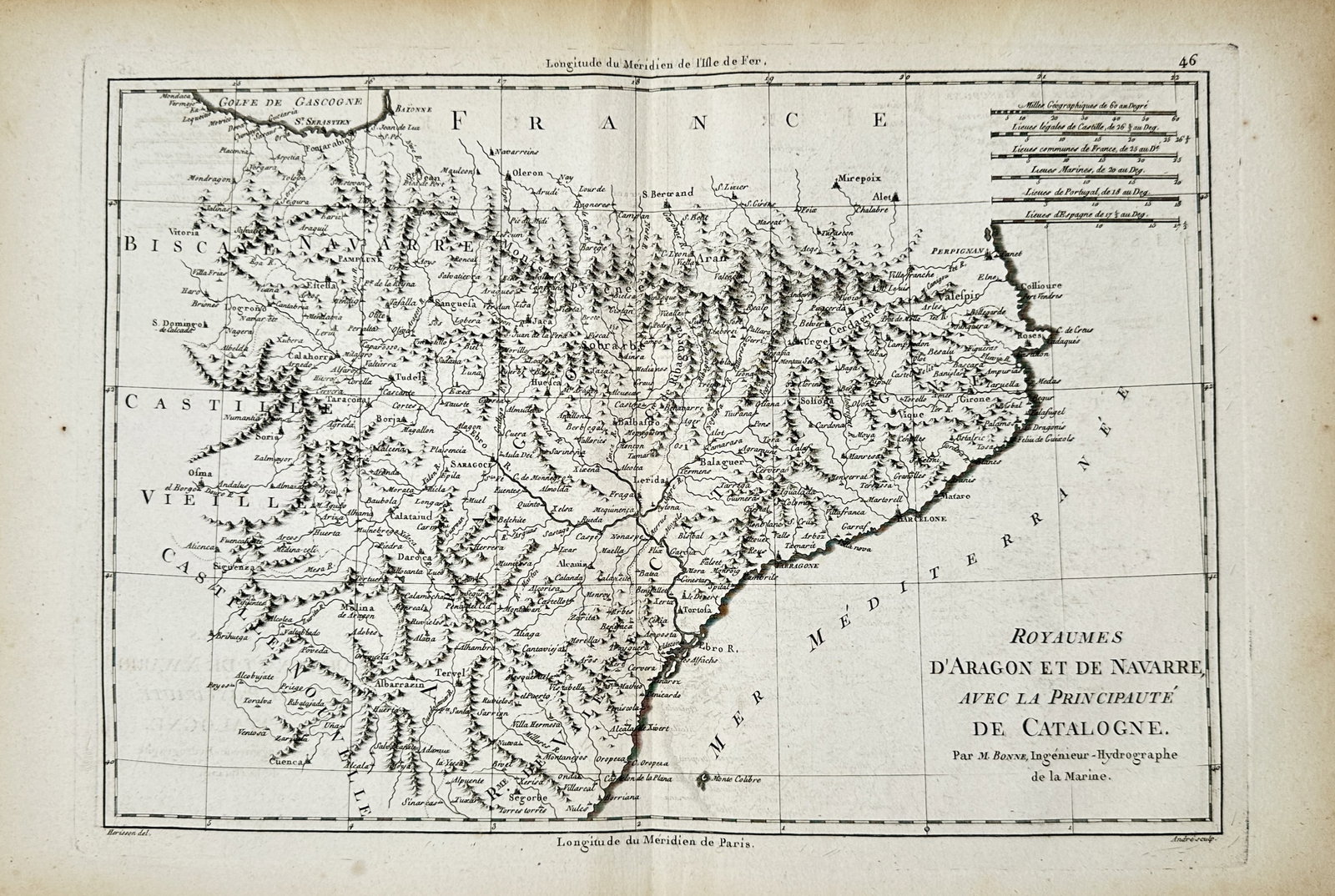 Rigobert Bonne – Map of the Kingdoms of Aragon and Navarre with Catalonia – Spain – Engraving (1 of 2)