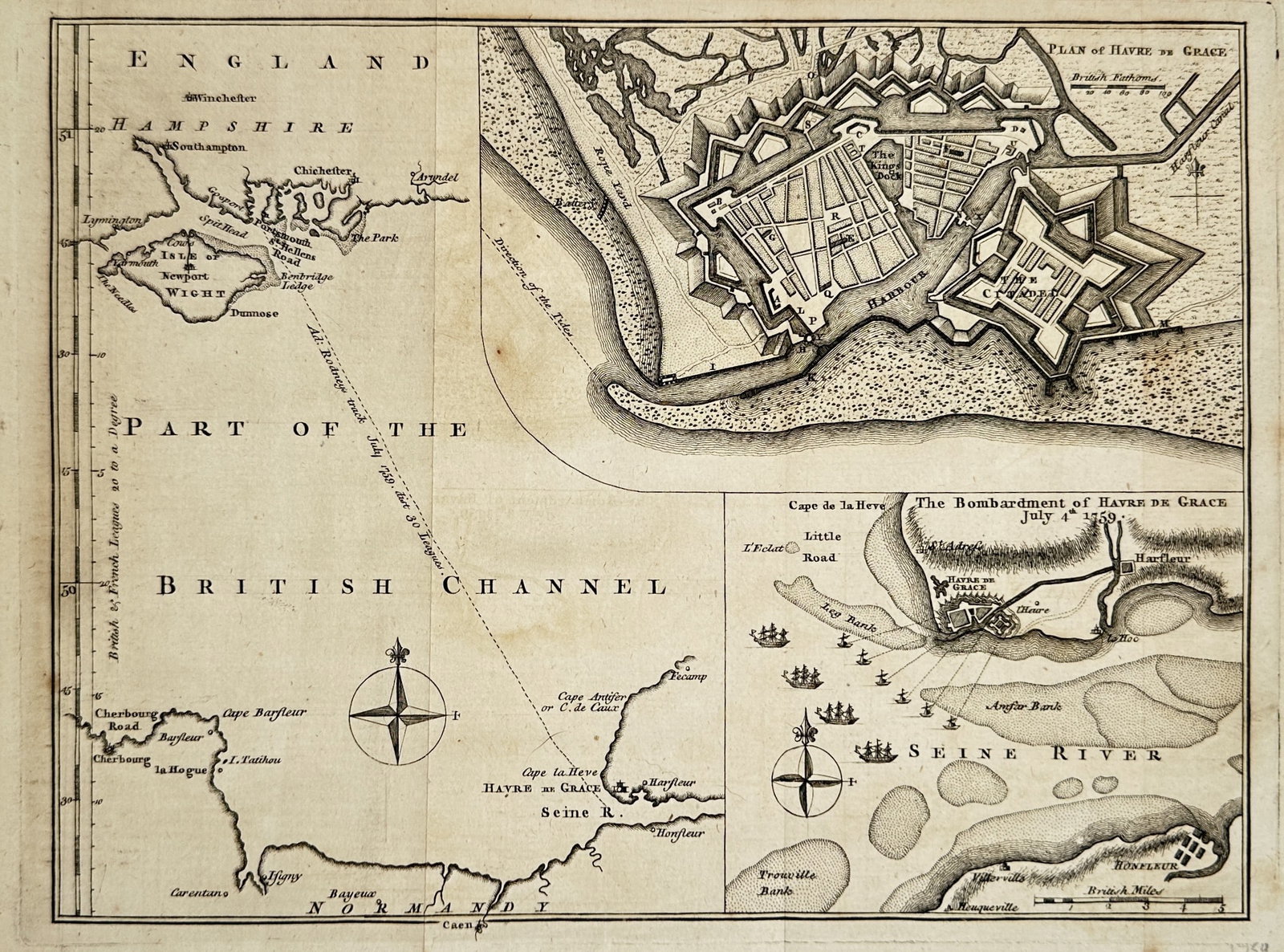 David Henry and Richard Cave – Map of Le Havre and the English Channel – Engraving (1759) (1 of 2)