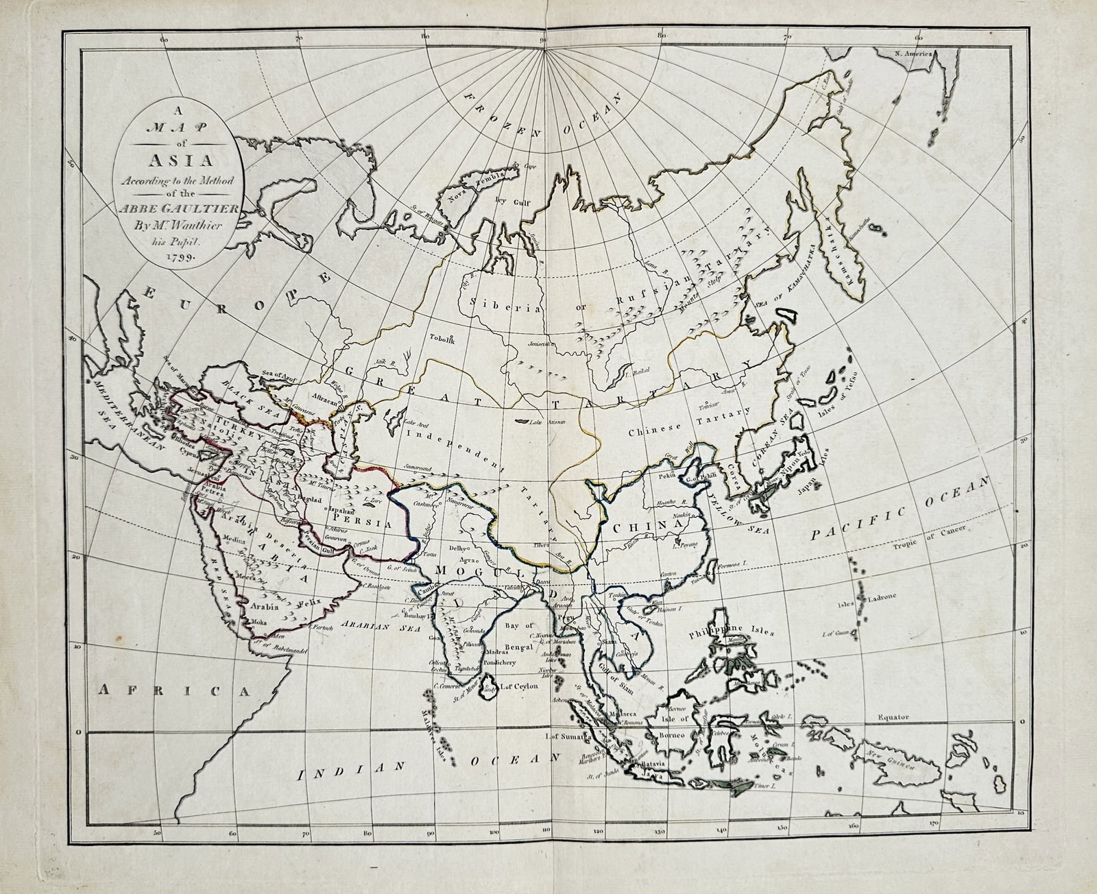 Abbé Aloisius Édouard Camille Gaultier – Map of Asia – Engraving (1799): "A Map of Asia According to the Method of the Abbé Gaultier" presents a comprehensive geographic survey delineating regional kingdoms, empires, coastlines, and major rivers across the Asian continent