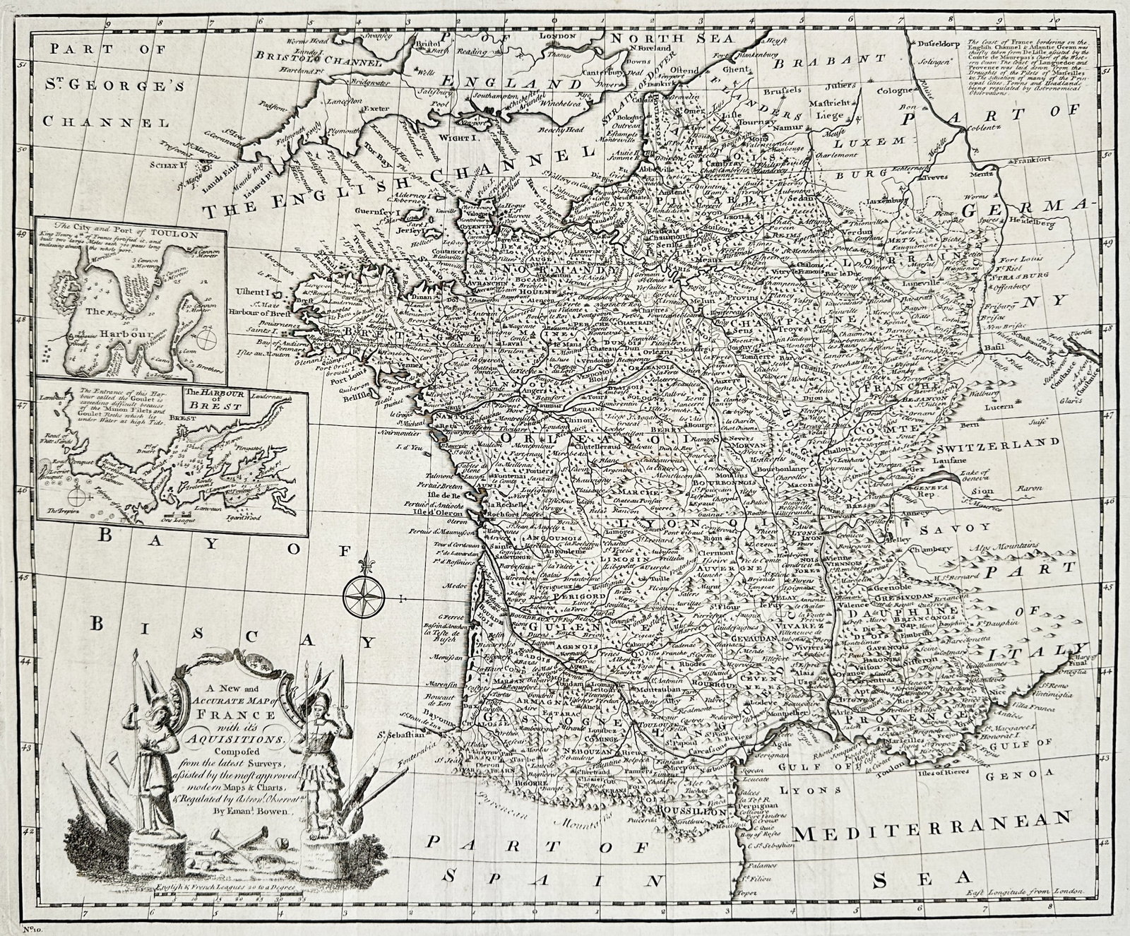Emanuel Bowen – Map of France with its Acquisitions – France – Engraving (18th Century): "A New and Accurate Map of France with its Acquisitions" presents a comprehensive cartographic survey delineating historical French provinces, mountain ranges, river systems, and coastal waters alongs