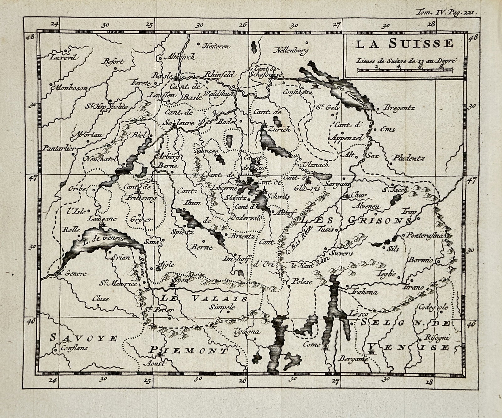 Nicolas Sanson the Younger – Map of Switzerland – Europe – Engraving (17th Century): "Switzerland" presents a detailed cartographic survey delineating the historical Swiss cantons, neighboring territories, alpine topography, and river systems. The copperplate engraving illustrates sev