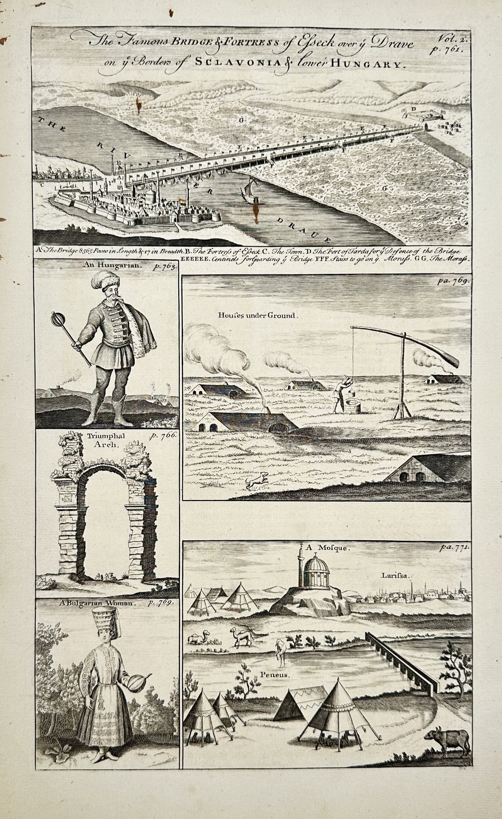 Edmund Chishull – Topographical Views of Southeastern Europe and the Ottoman Borderlands: "The Famous Bridge and Fortress of Esseck over the Drave on the Borders of Sclavonia and Lower Hungary" presents a composite visual survey featuring regional fortifications, military infrastructure, s