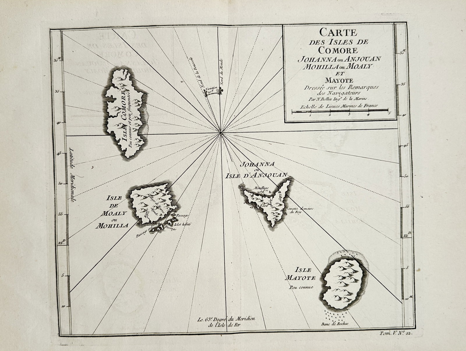 Jacques-Nicolas Bellin – Map of the Comoro Islands – Indian Ocean – Engraving (18th Century): "Map of the Comoro Islands" presents a maritime hydrographic chart depicting the islands of Grande Comore, Mohéli, Anjouan, and Mayotte in the Mozambique Channel with coastal anchorages, surrounding 