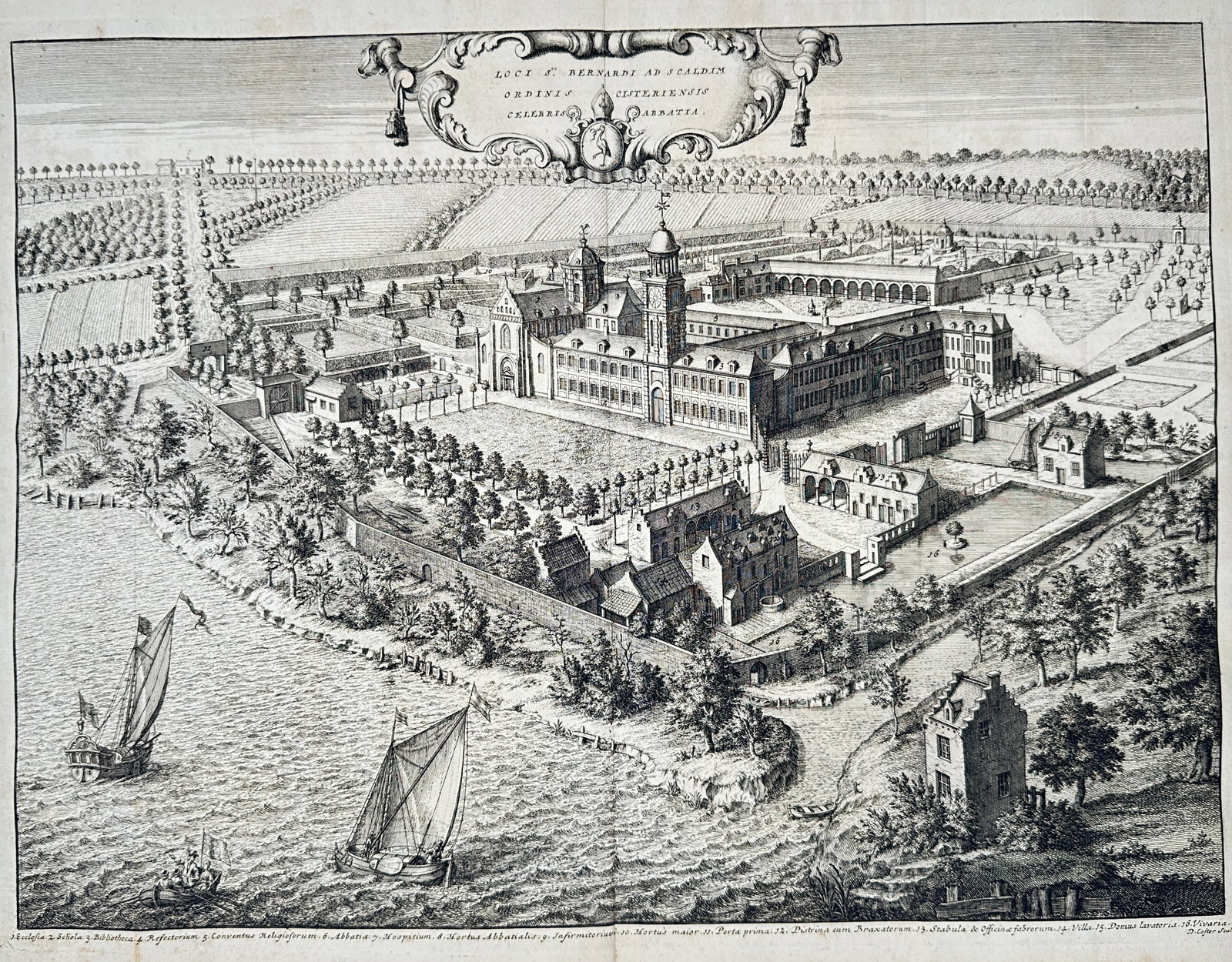 Baron Jacques Le Roy – Architectural and Topographical View of Saint Bernard Abbey – Engraving: "Place of Saint Bernard on the Scheldt of the Cistercian Order Abbey" presents a panoramic bird's-eye topographical view illustrating the grand monastic estate, its church and bell tower, expansive co