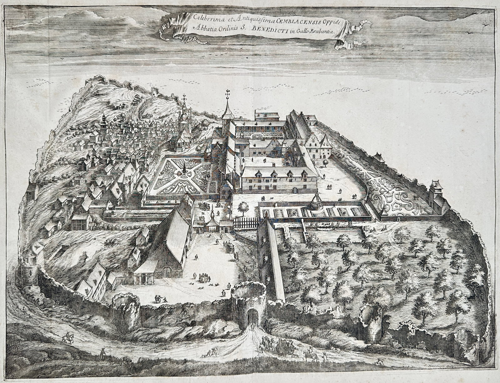 Baron Jacques Le Roy – Architectural and Topographical View of Gembloux Abbey – Engraving (1 of 2)