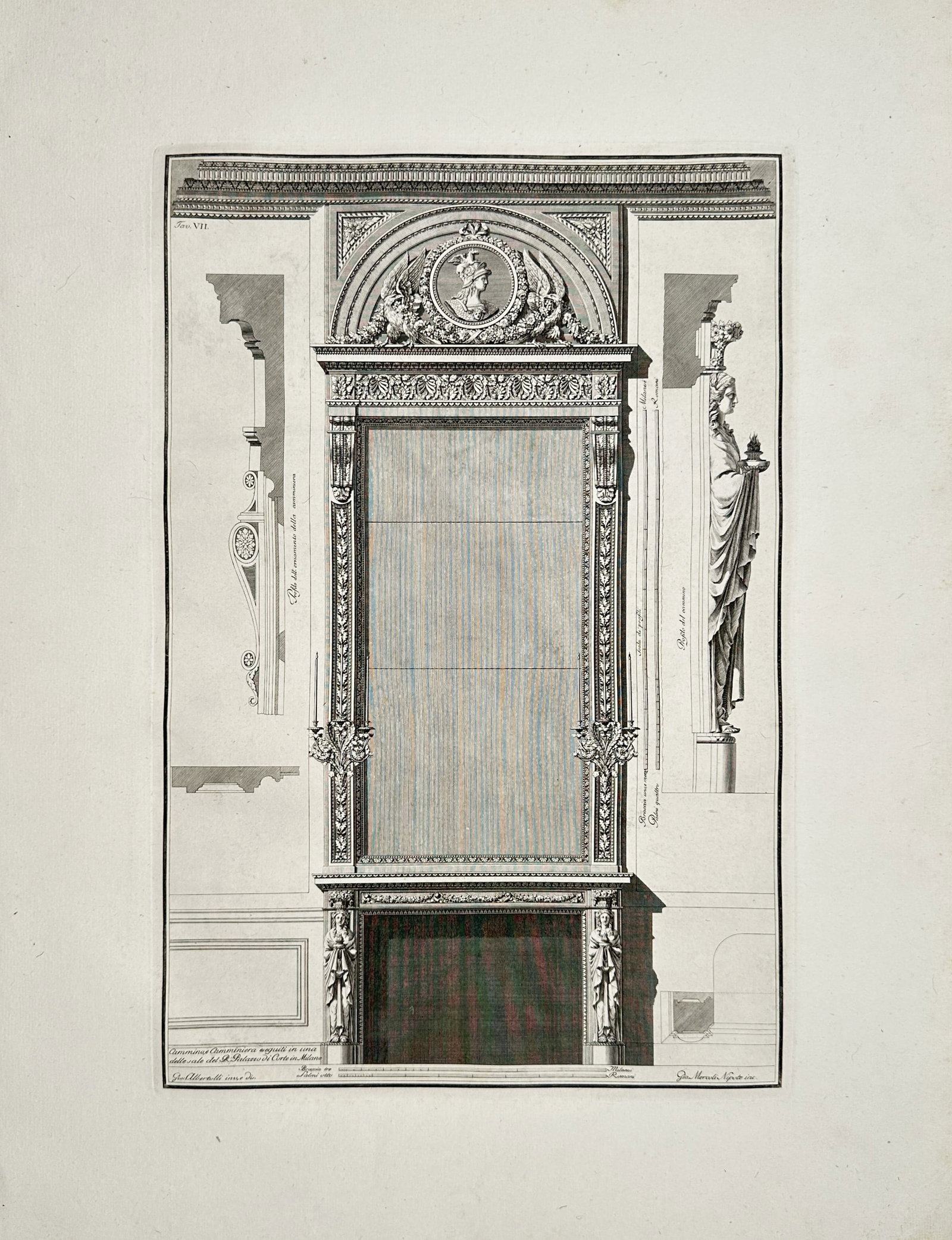 Giocondo Albertolli – Architectural Design for a Sideboard at the Royal Palace – Engraving: "Decoration of a Sideboard Executed in One of the Rooms of the Royal Palace of Milan" presents a Neoclassical architectural elevation illustrating an ornate wall recess and sideboard ensemble adorned 